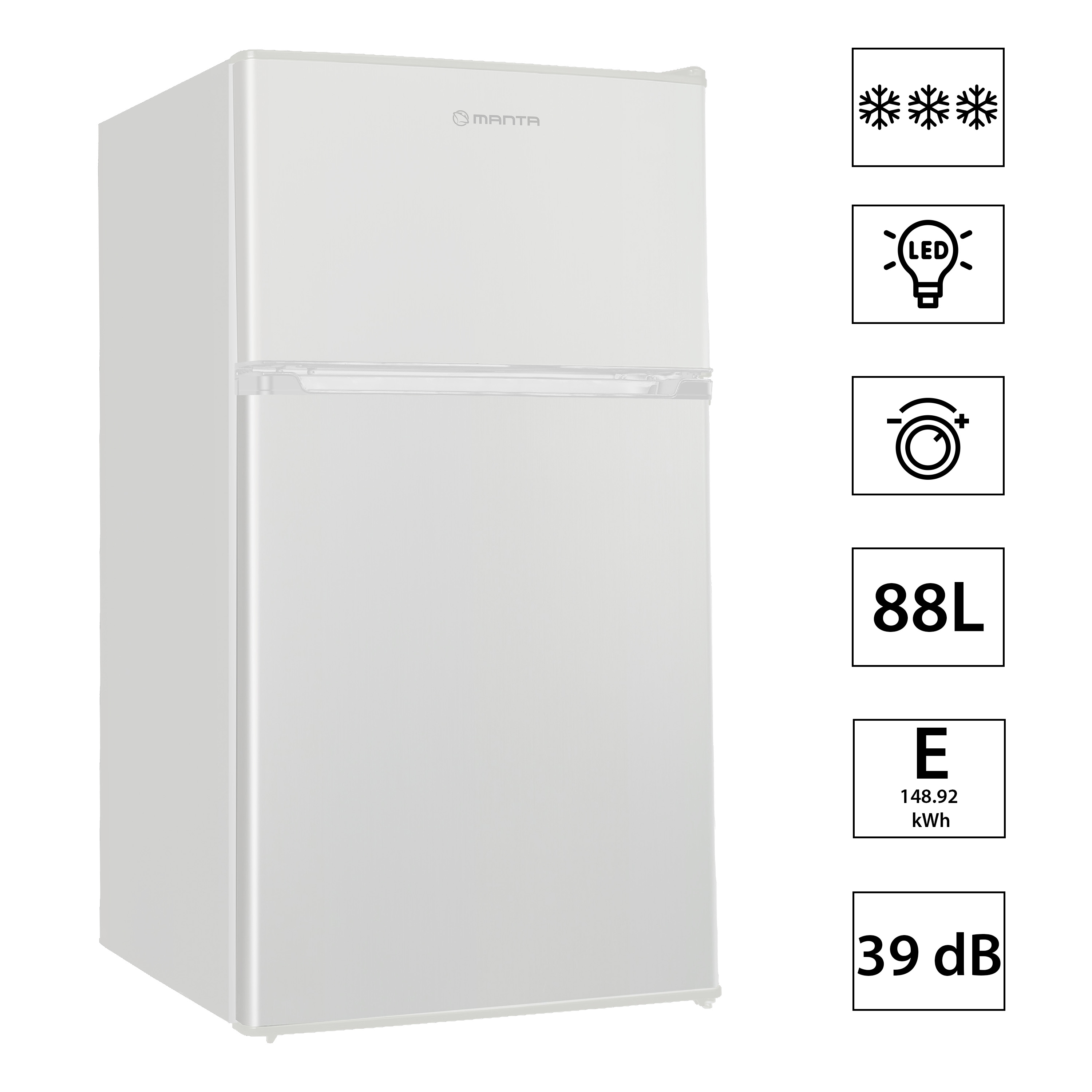 Biała lodówka Manta, 88L, Klasa Energetyczna E, 39 dB.