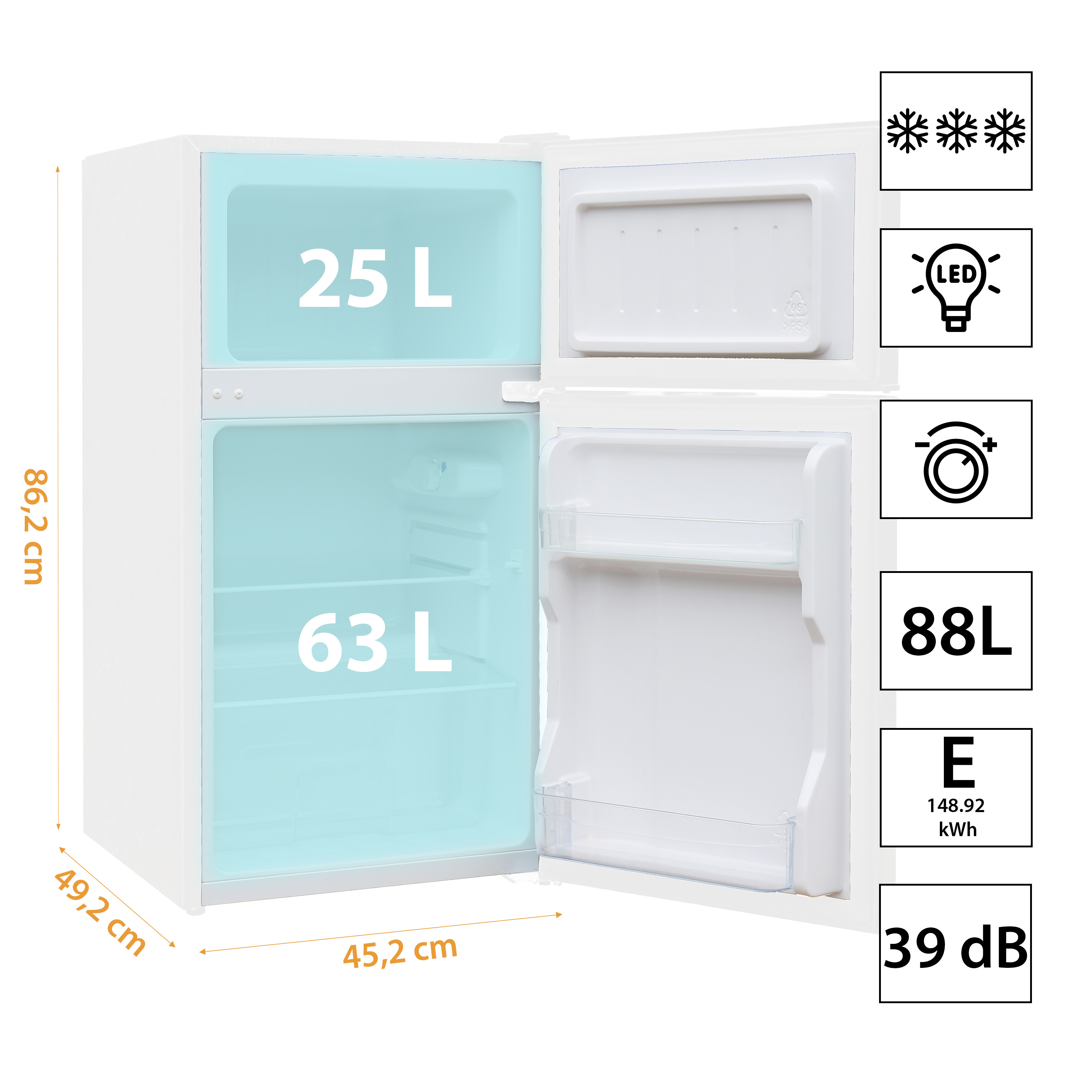 Biała lodówka z otwartymi drzwiami, pojemność wewnętrzna 25L i 63L.