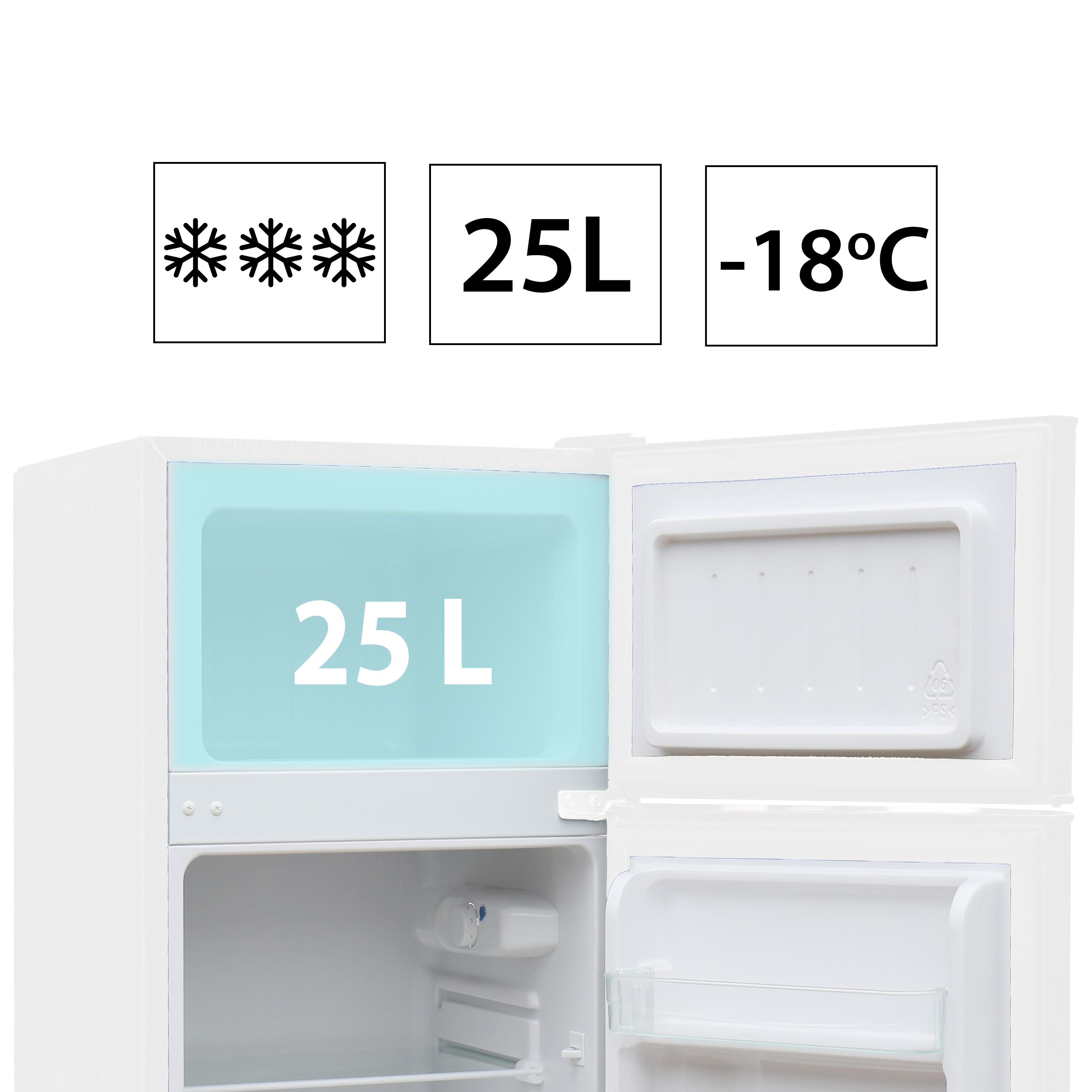 Mała biała lodówka 25L z zamrażarką -18°C.