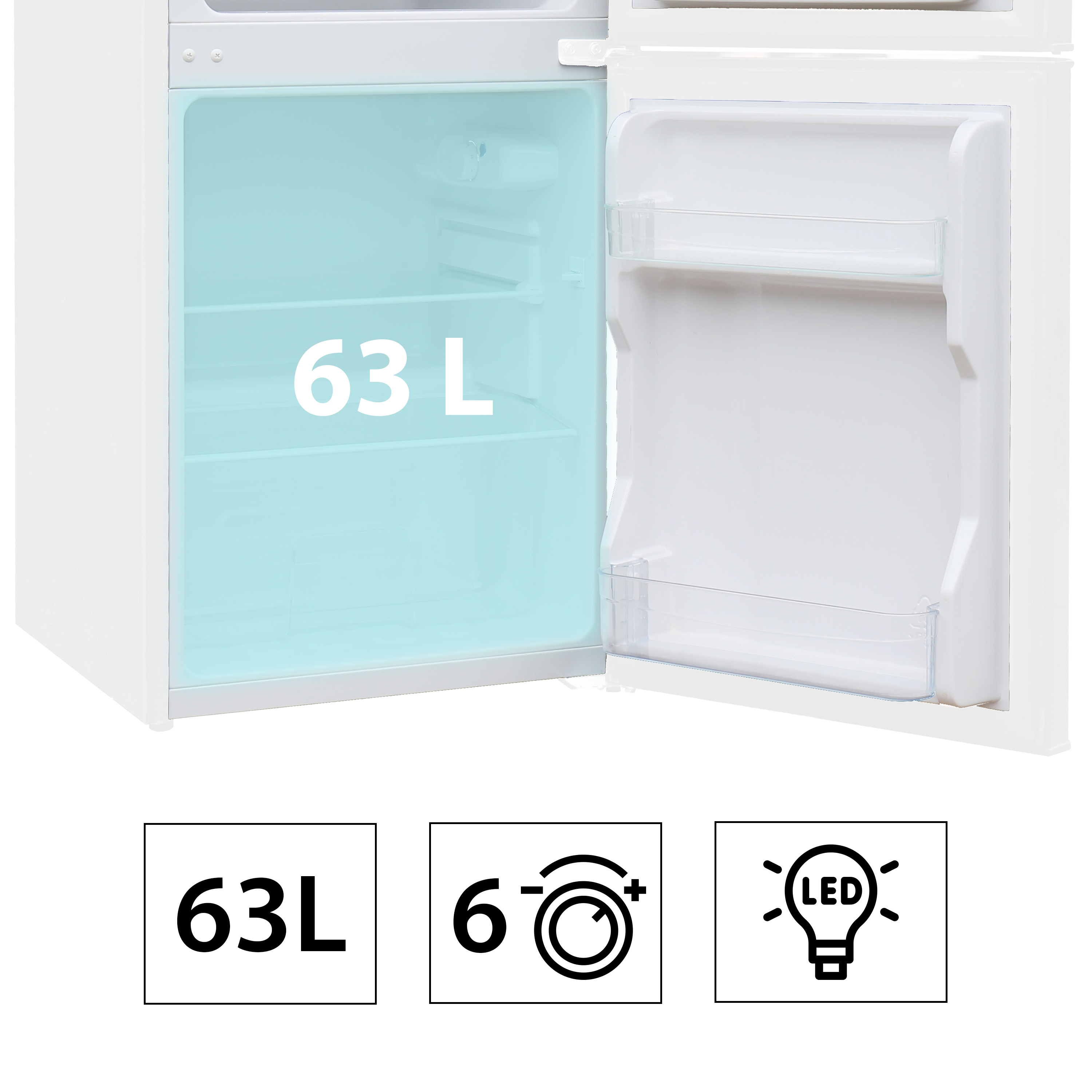 Biała lodówka z otwartymi drzwiami, pojemność 63 L.