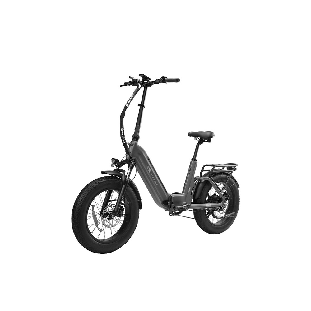 Una bicicletta elettrica grigia con pneumatici grassi, parafanghi, portapacchi e freni a disco.