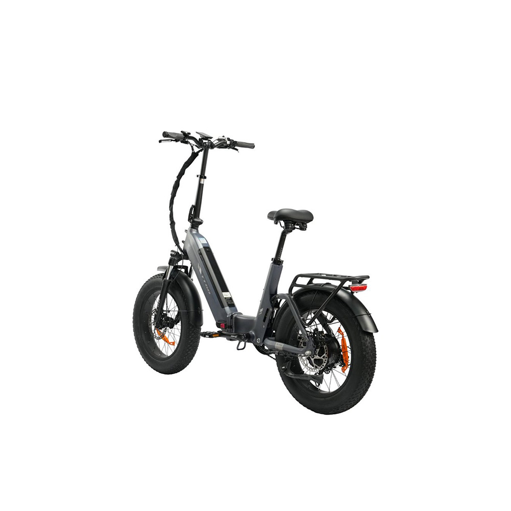 Bicicletta elettrica grigia con pneumatici larghi, portapacchi posteriore e telaio basso.