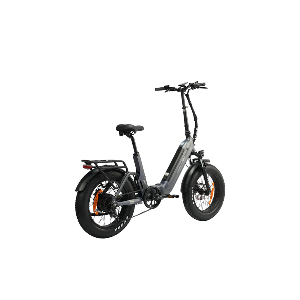 Bicicletta elettrica grigia con pneumatici larghi, portapacchi e sella nera.