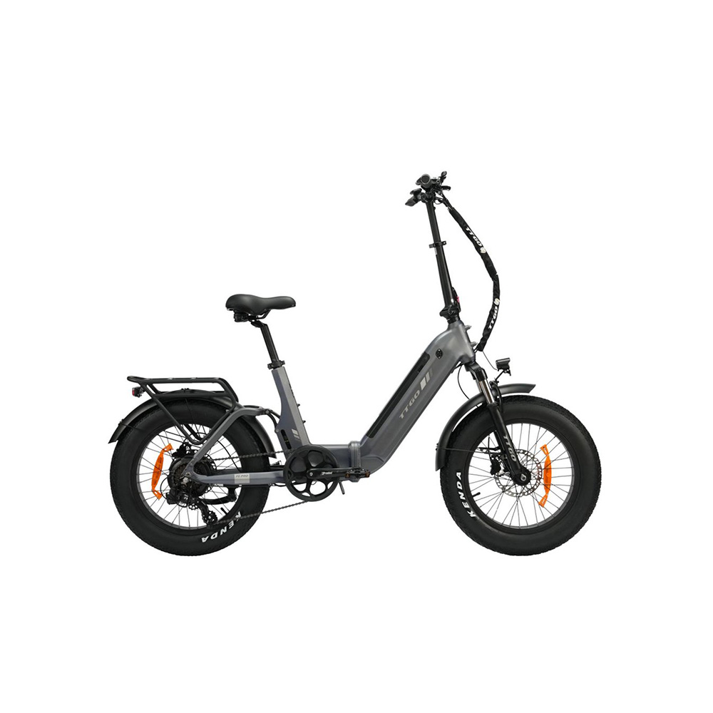 Bici elettrica pieghevole grigia con pneumatici larghi, portapacchi e sospensioni anteriori.