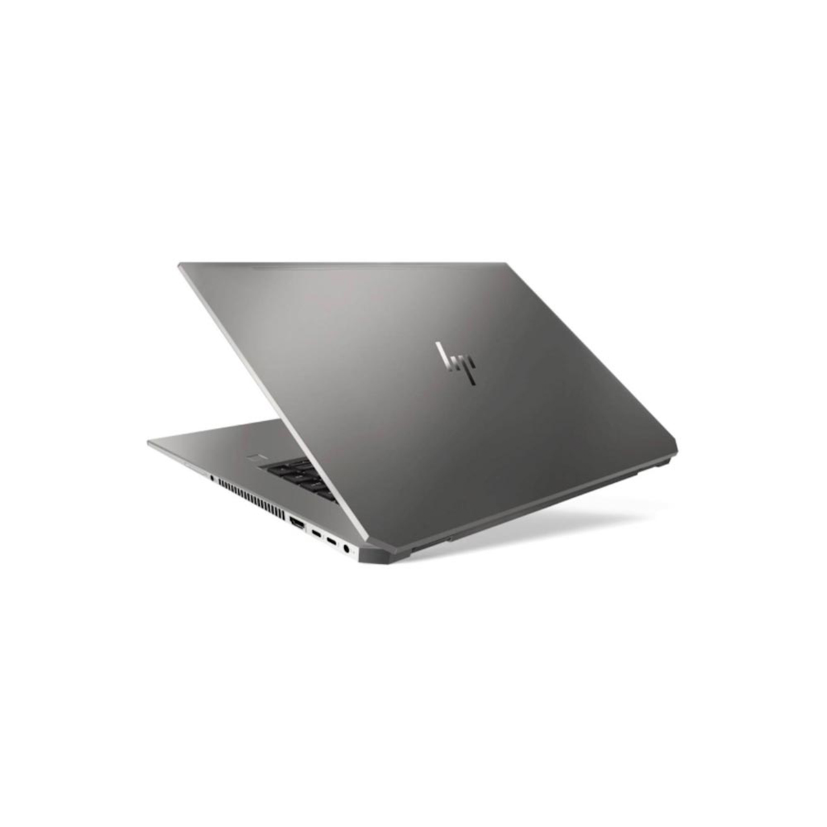 Szary laptop HP z otwartym ekranem, stojący na białej powierzchni.