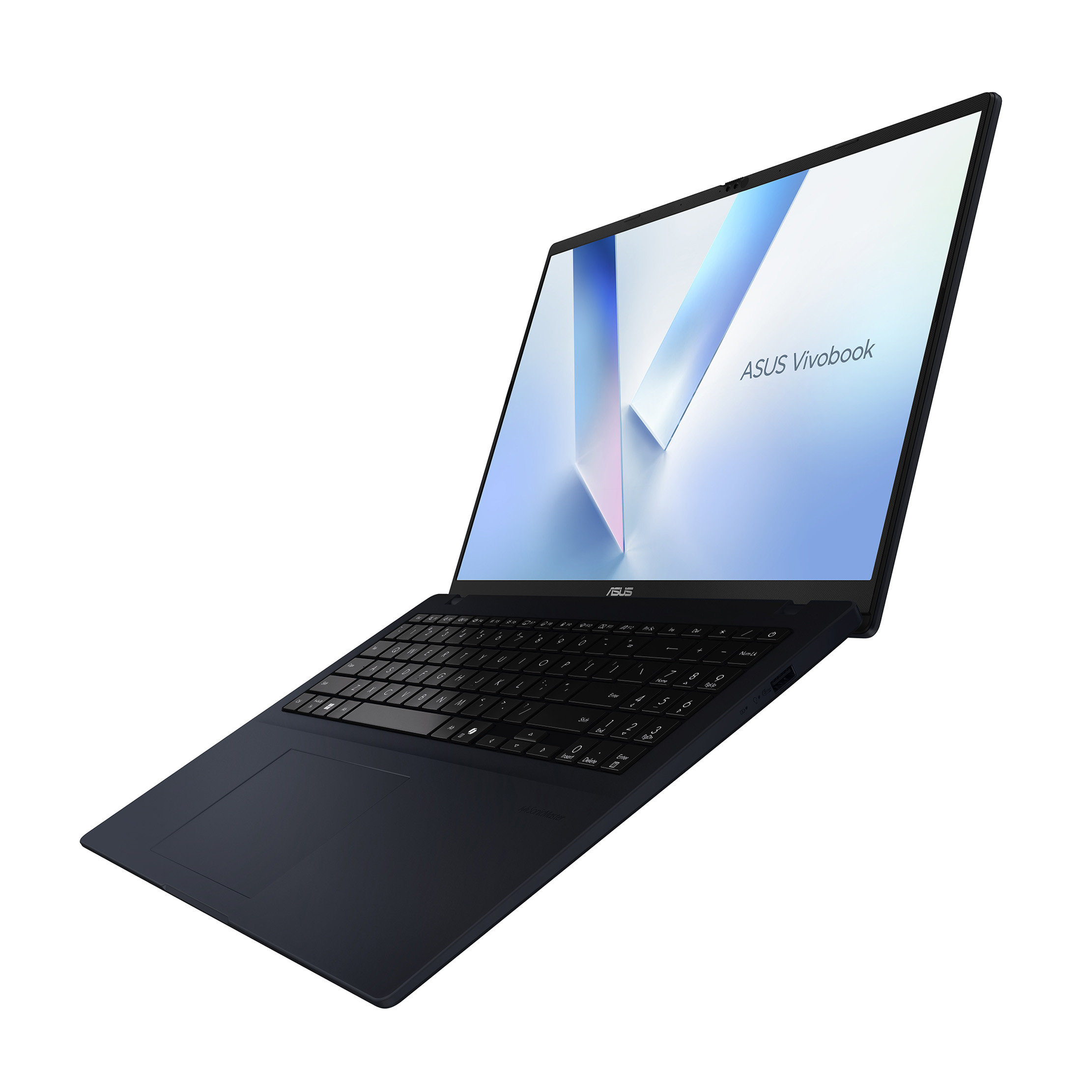 Dunkelblauer ASUS Vivobook Laptop mit Tastatur und Touchpad, auf weißem Hintergrund.