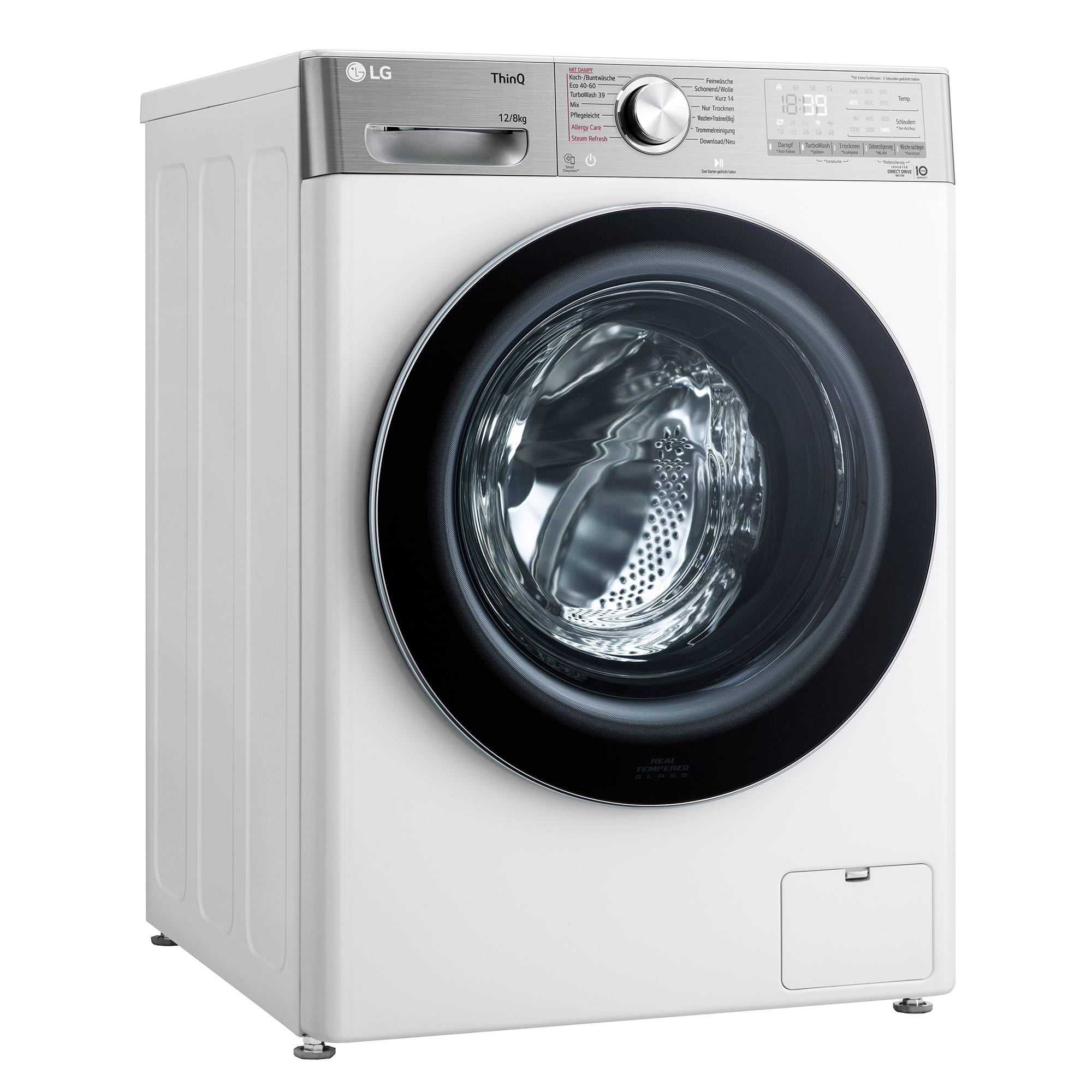 Weiße LG Waschmaschine mit ThinQ-Technologie und großer runder Tür.