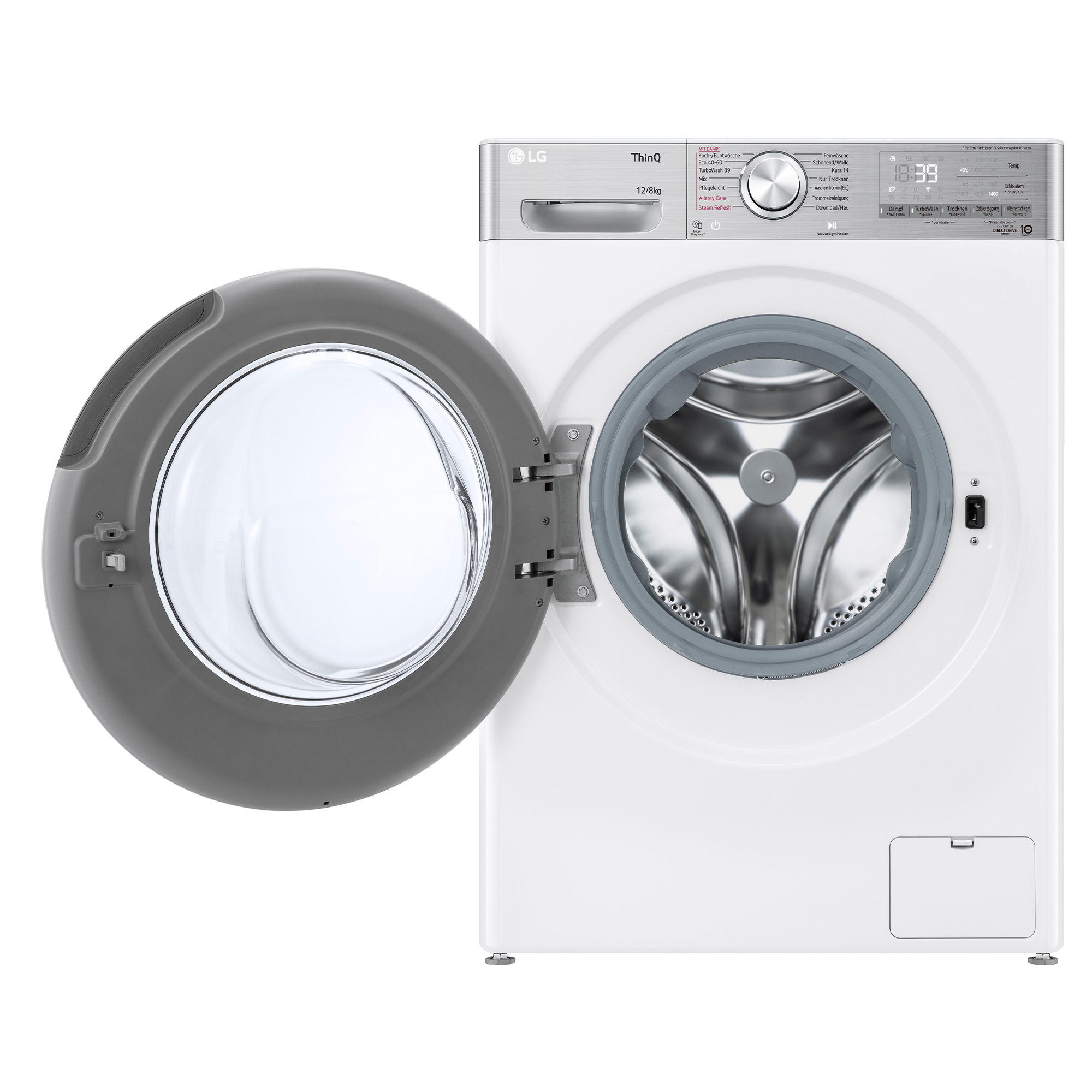 Weiße LG Waschmaschine mit geöffneter Tür und Bedienfeld.