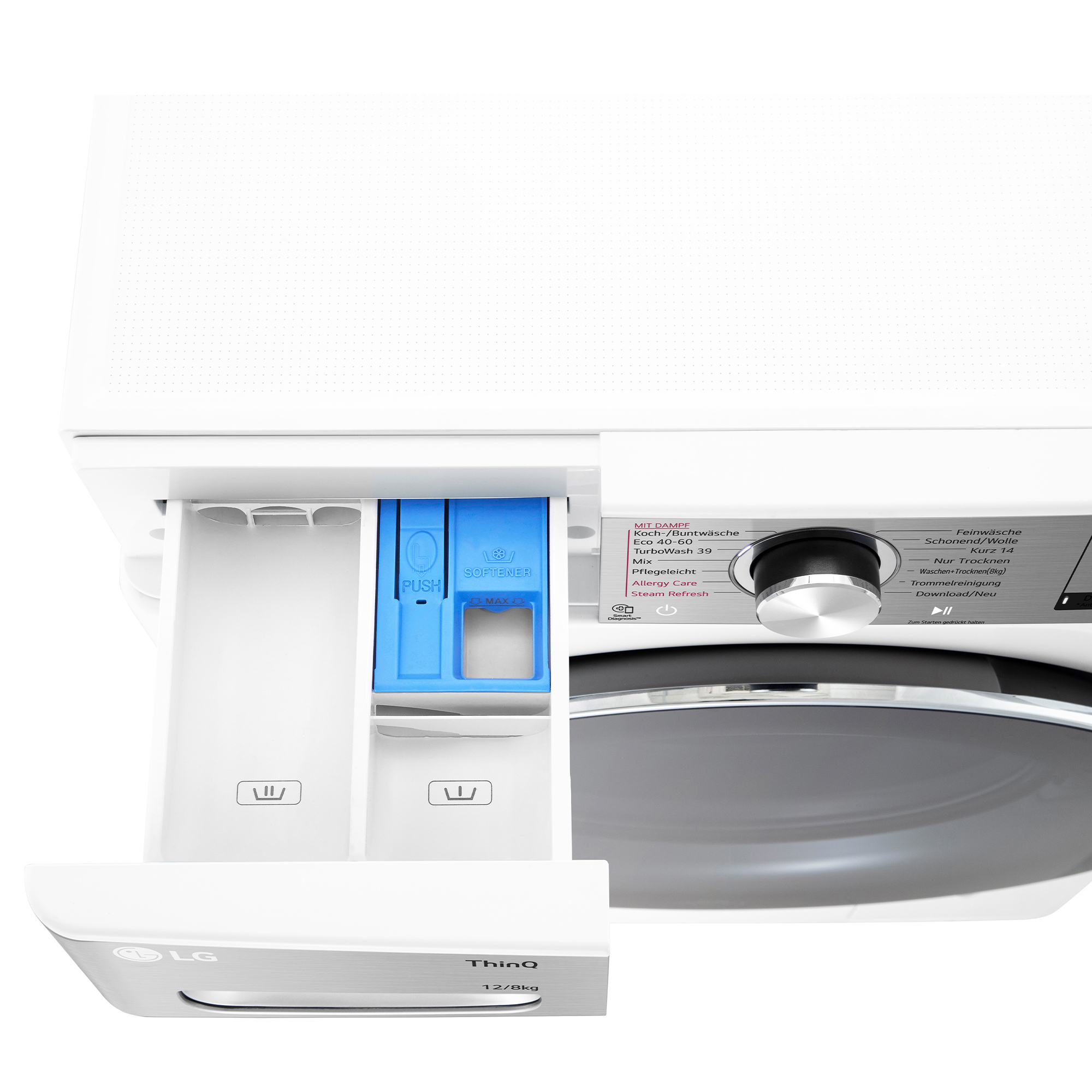Eine weiße LG Waschmaschine mit offenem Waschmittelbehälter und Bedienfeld.