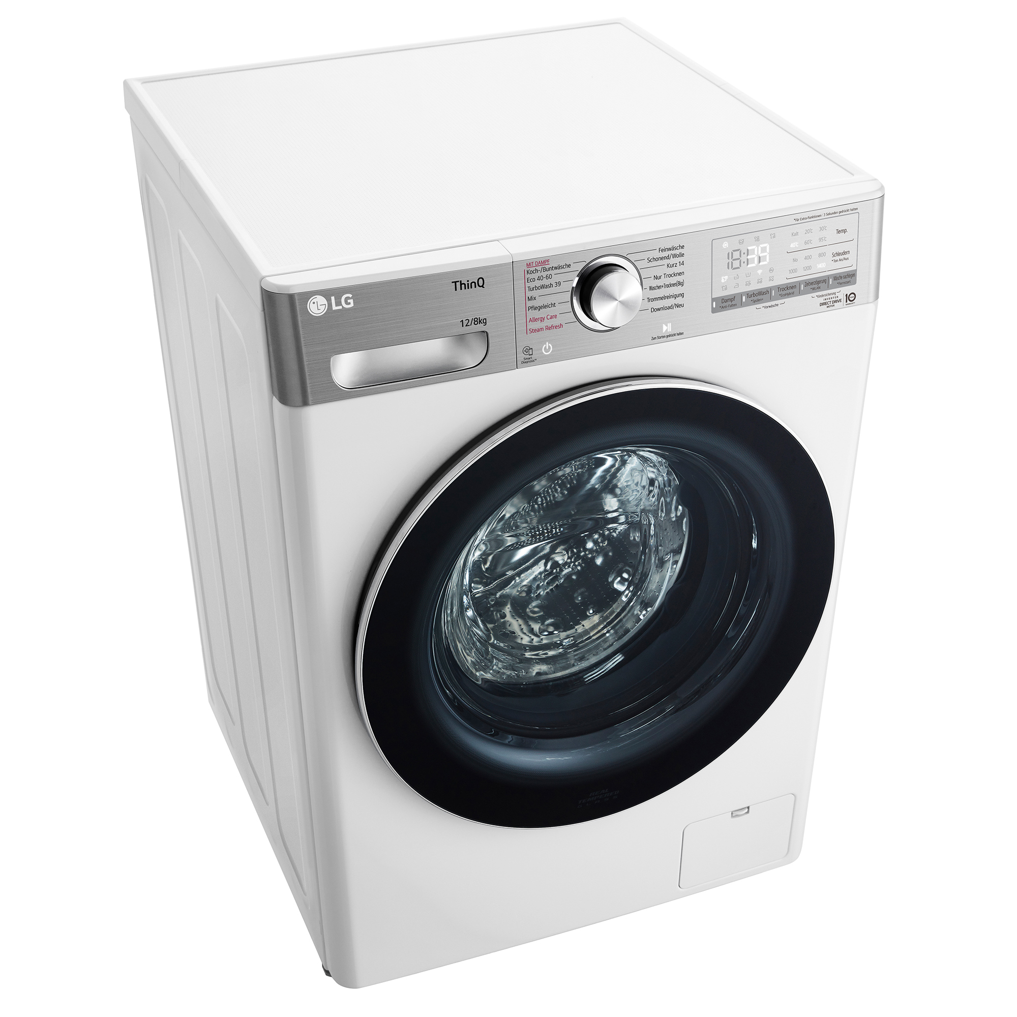 Eine weiße LG Waschmaschine mit silbernem Bedienfeld und runder Tür.
