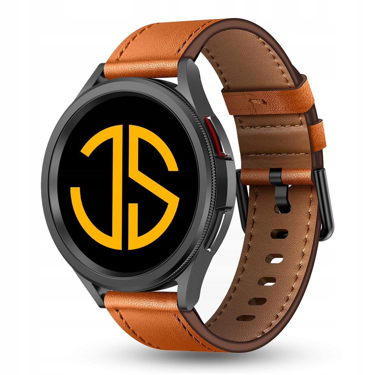 Smartwatch z brązowym skórzanym paskiem i czarną tarczą z żółtym symbolem.