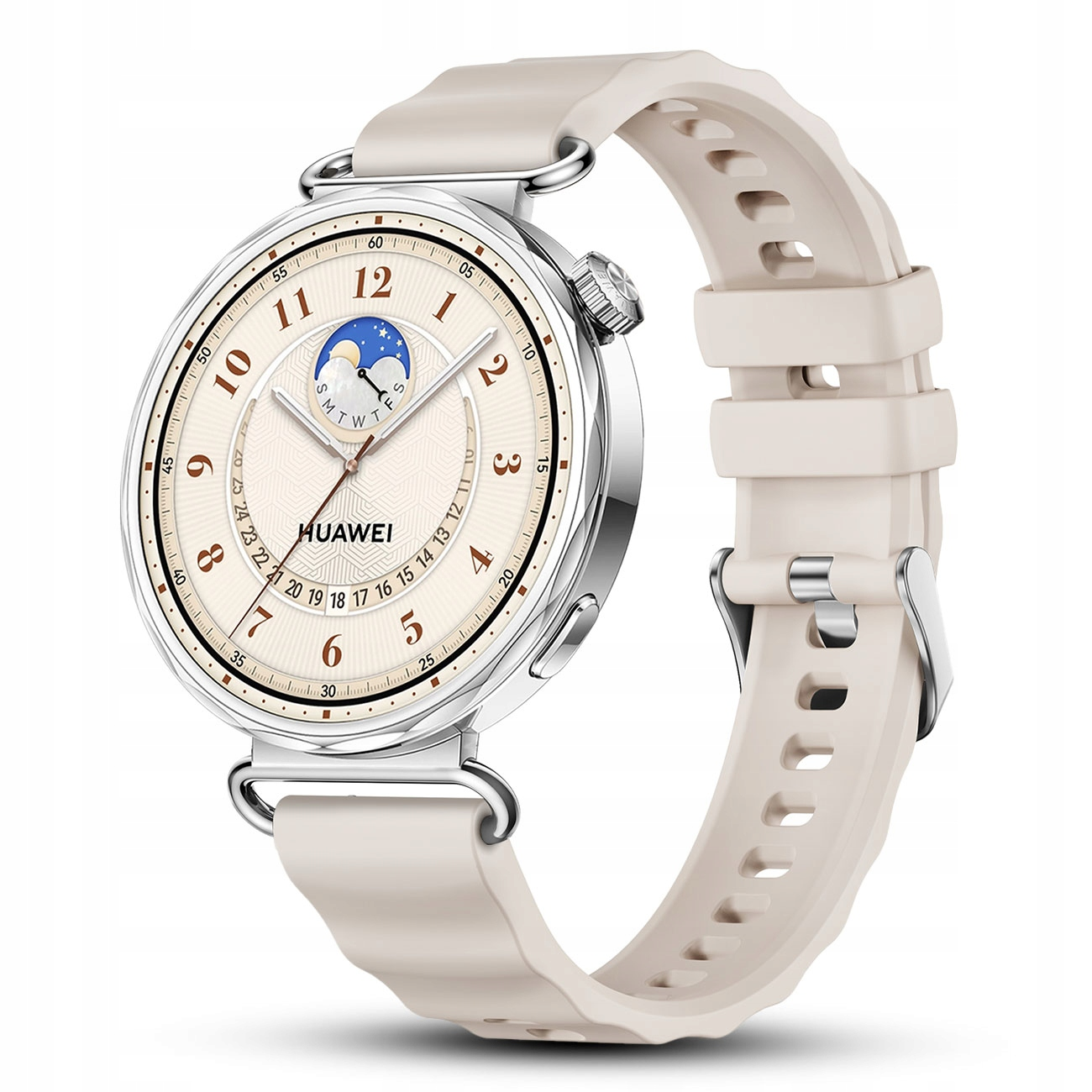 Kremowy smartwatch ze srebrną kopertą i wyświetlaczem faz księżyca.