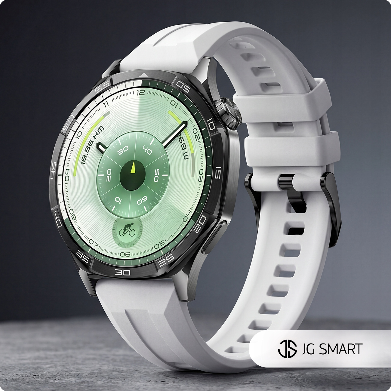 Biały smartwatch z okrągłą zieloną tarczą i srebrną obudową.