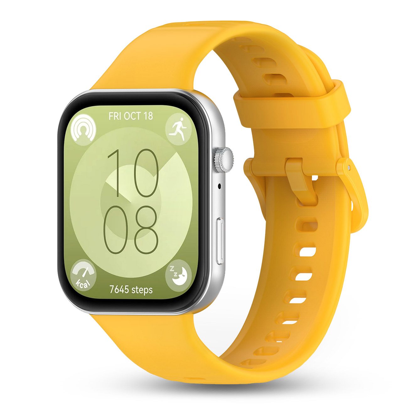 Żółty smartwatch pokazuje 10:08, datę pt 18 paź, kroki i kalorie.