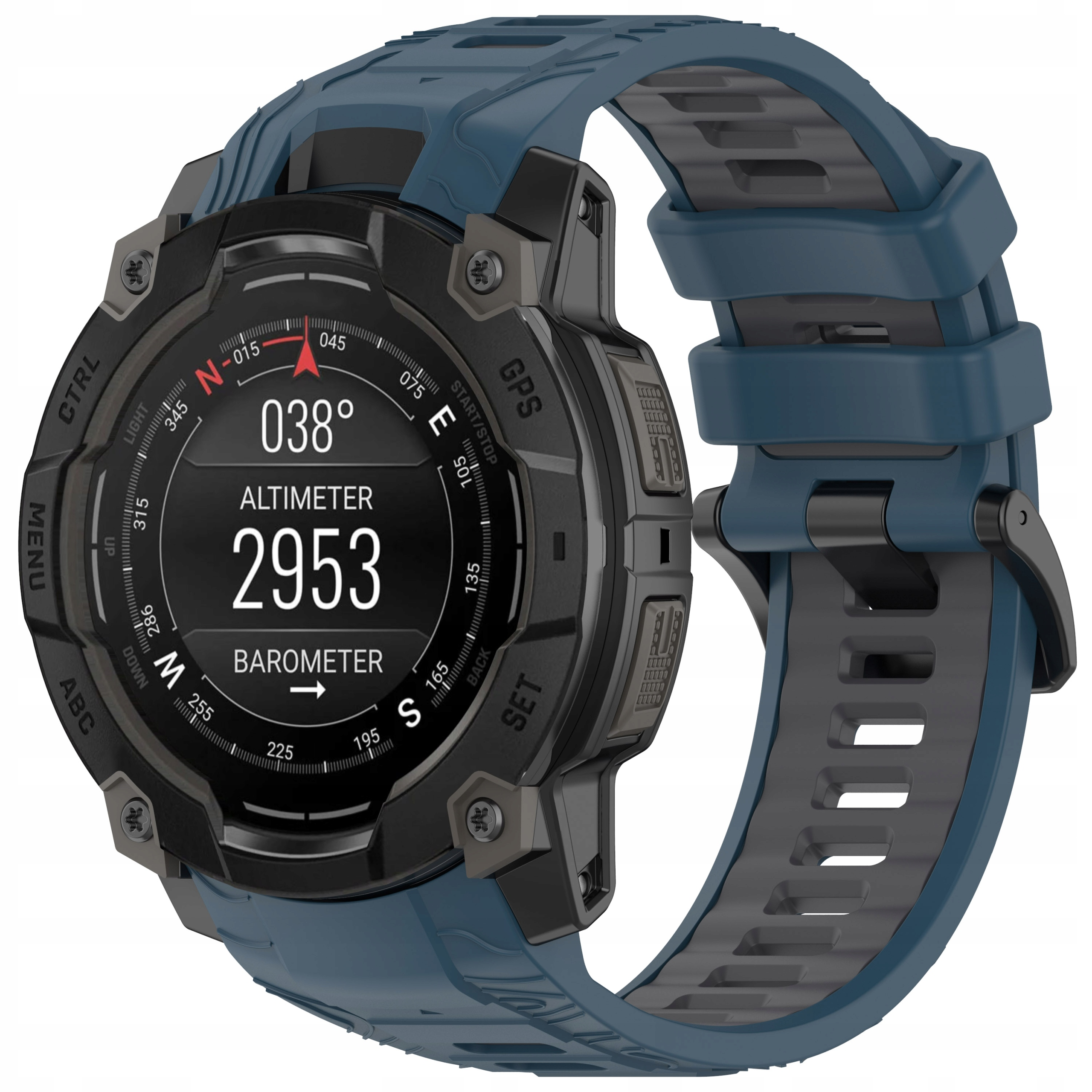Niebieski smartwatch z czarną tarczą wyświetla odczyty wysokościomierza i barometru.