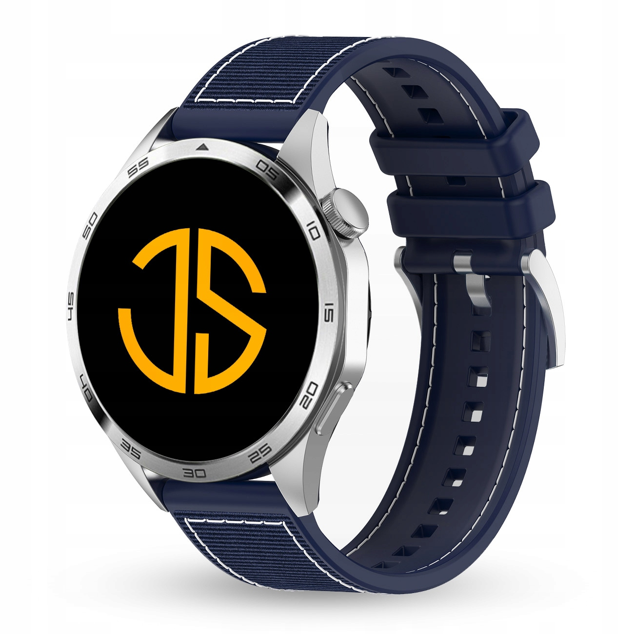 Srebrny smartwatch z niebieskim paskiem i żółtym symbolem na czarnym ekranie.