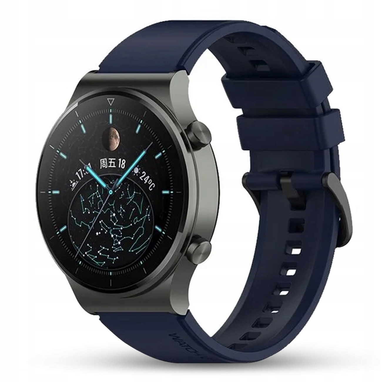 Ciemnoniebieski smartwatch z szarą kopertą i wyświetlaczem konstelacji.