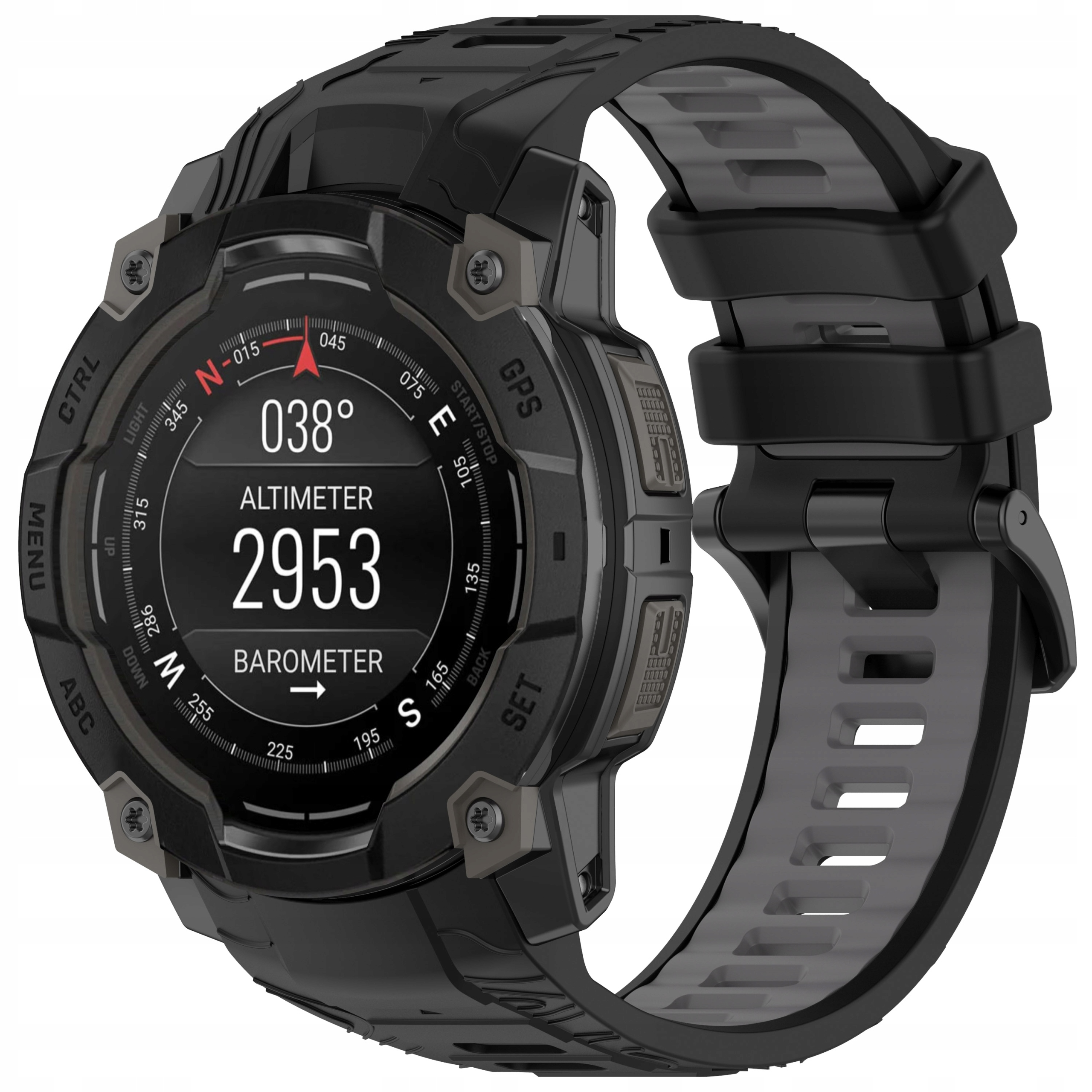 Czarny smartwatch z cyfrowym wyświetlaczem pokazującym wysokość i barometr.