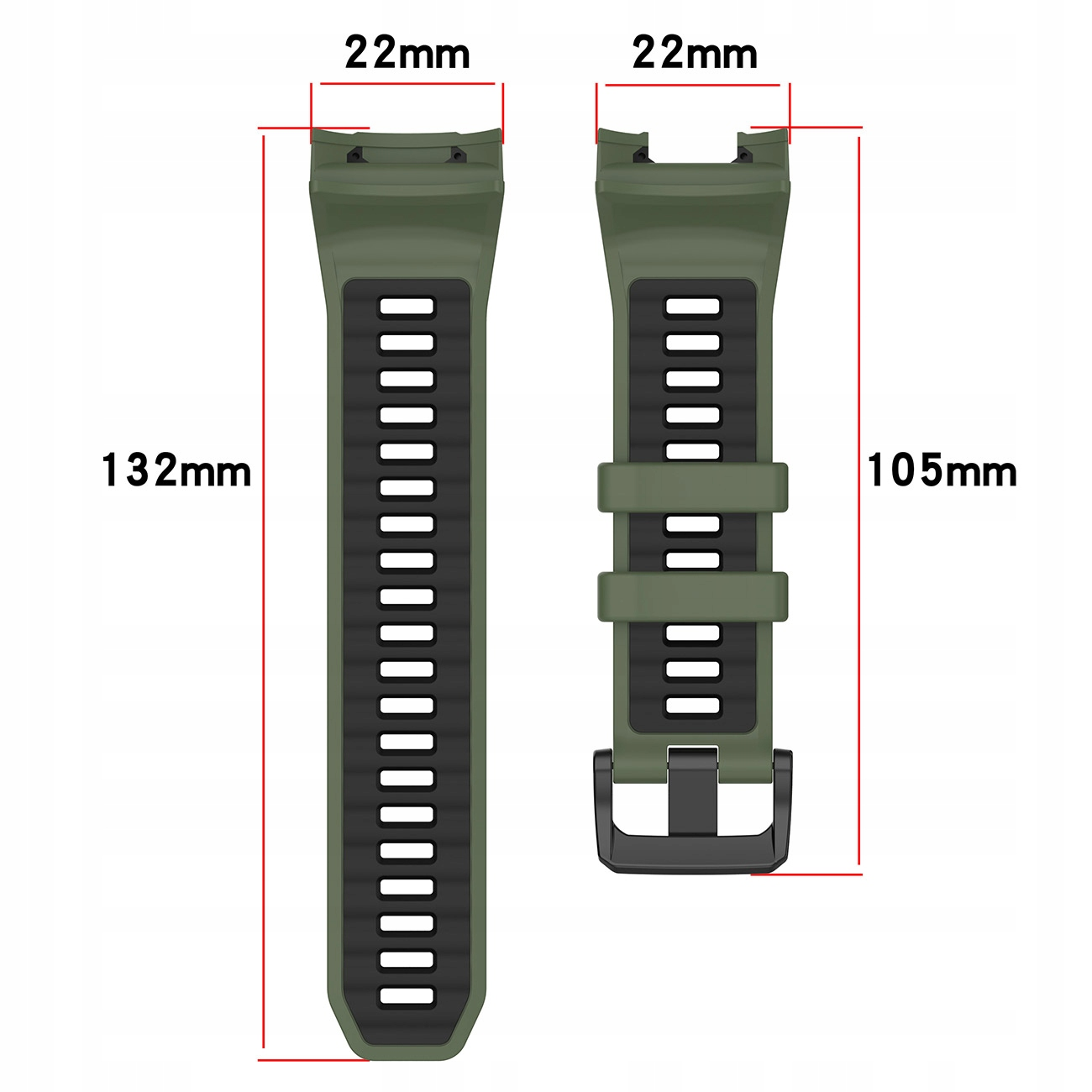 Zielone paski do zegarków: 132mm i 105mm długości, 22mm szerokości.