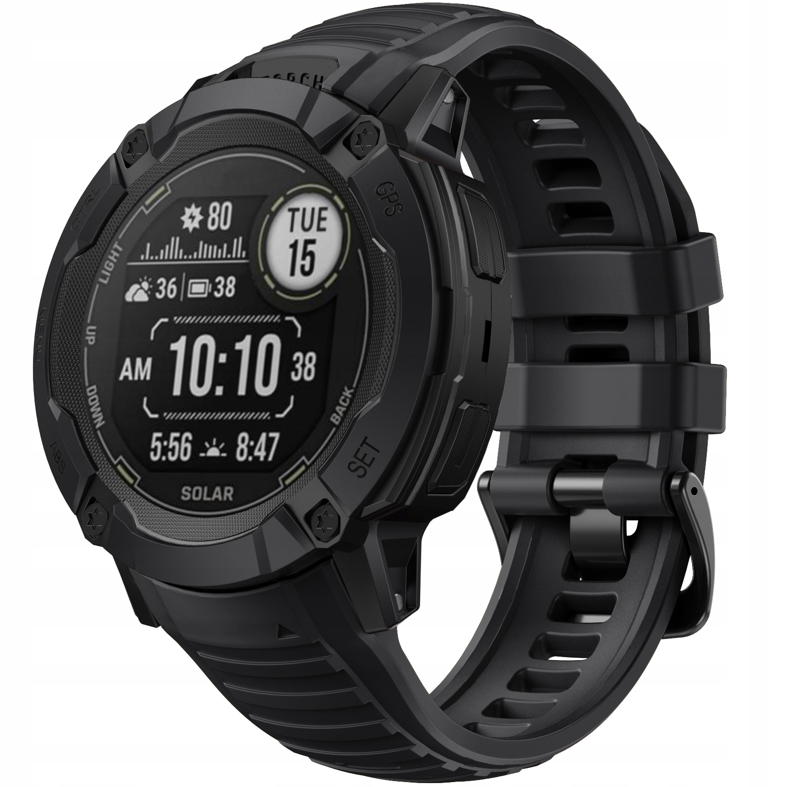 Czarny smartwatch z cyfrowym wyświetlaczem pokazującym godzinę, datę i pogodę.