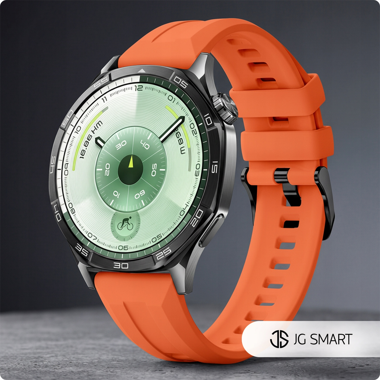 Pomarańczowy smartwatch z srebrną obudową i miętowo-zieloną tarczą.