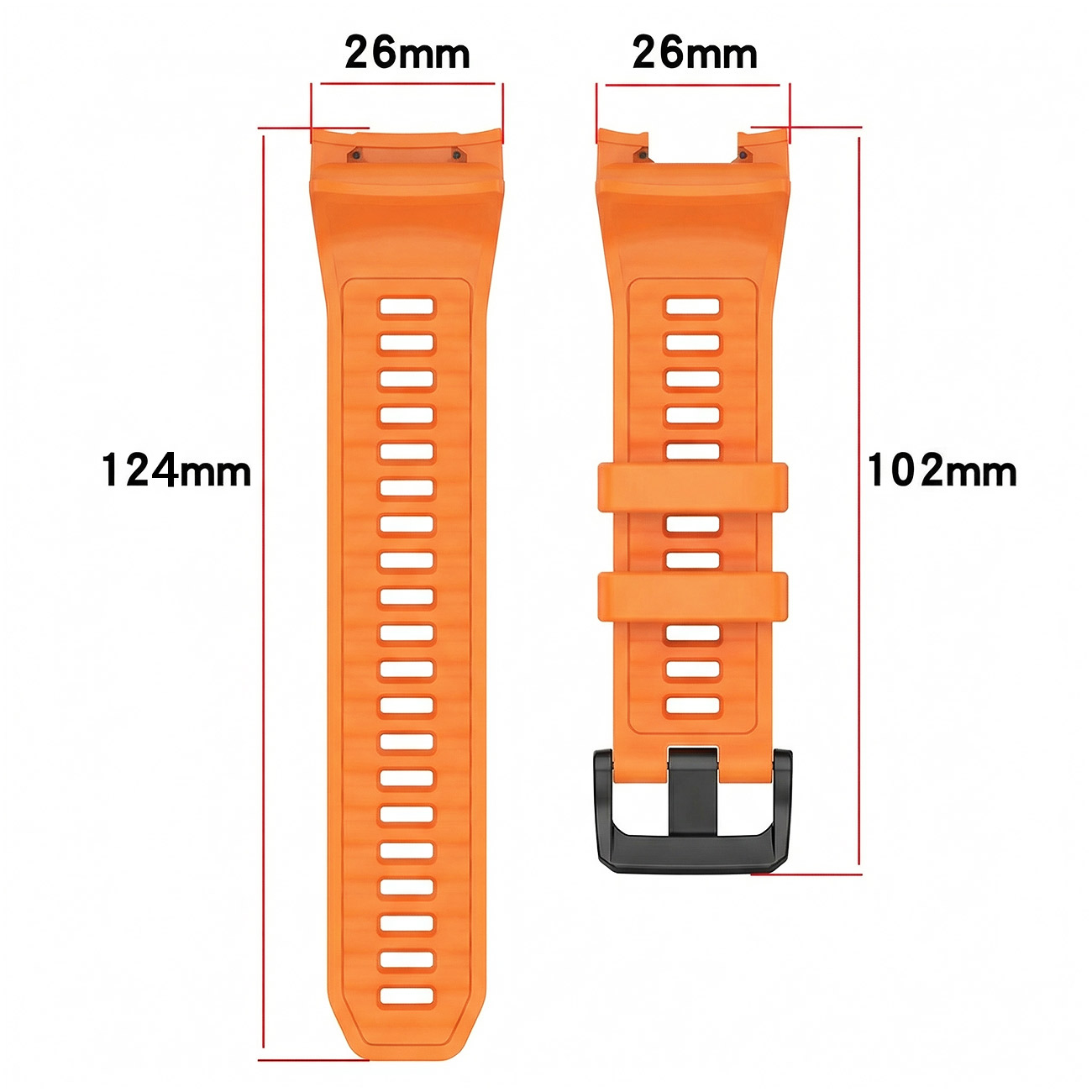 Dwa pomarańczowe paski do zegarka, jeden 124 mm, drugi 102 mm.