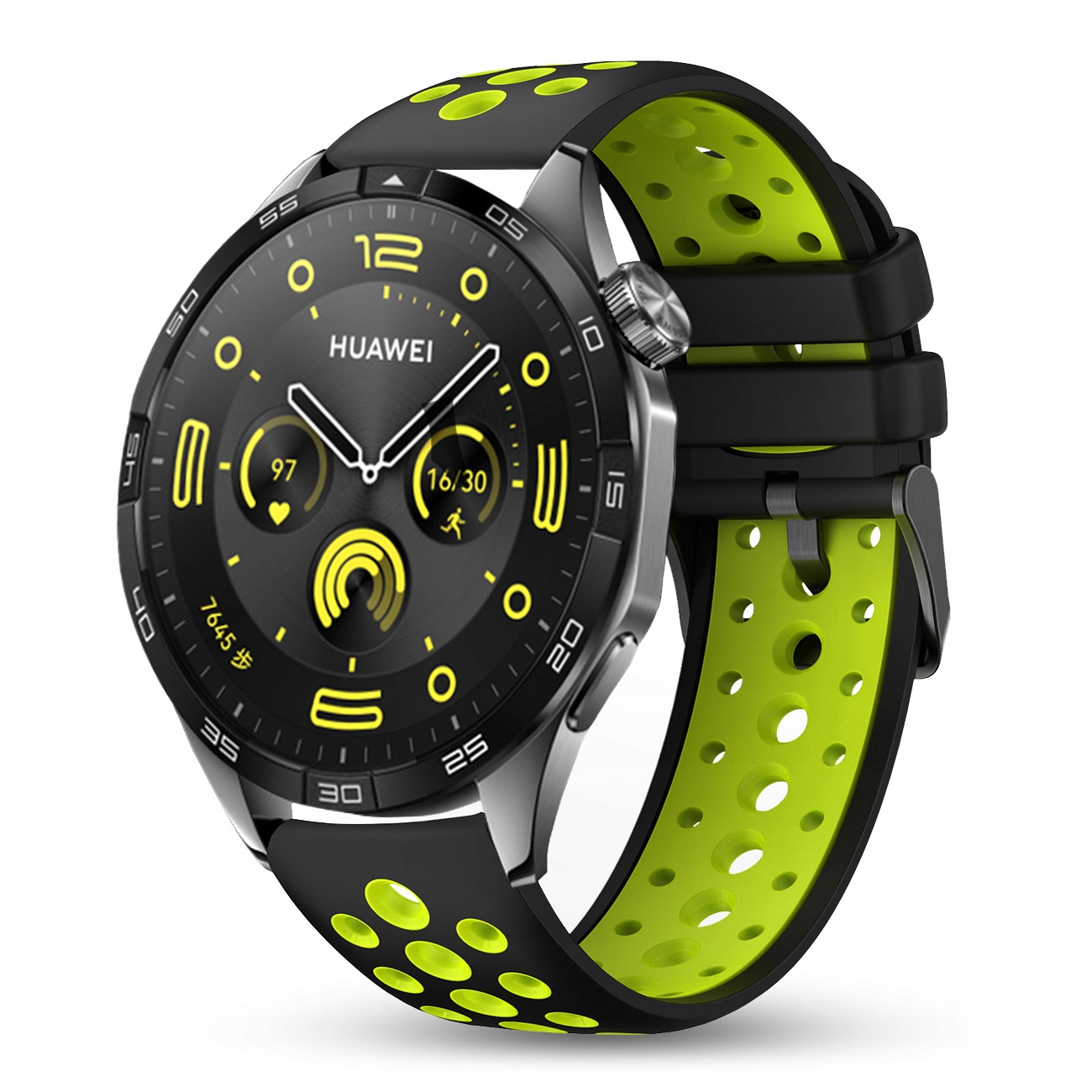 Czarny smartwatch z neonowo-zielonymi akcentami i okrągłym wyświetlaczem.