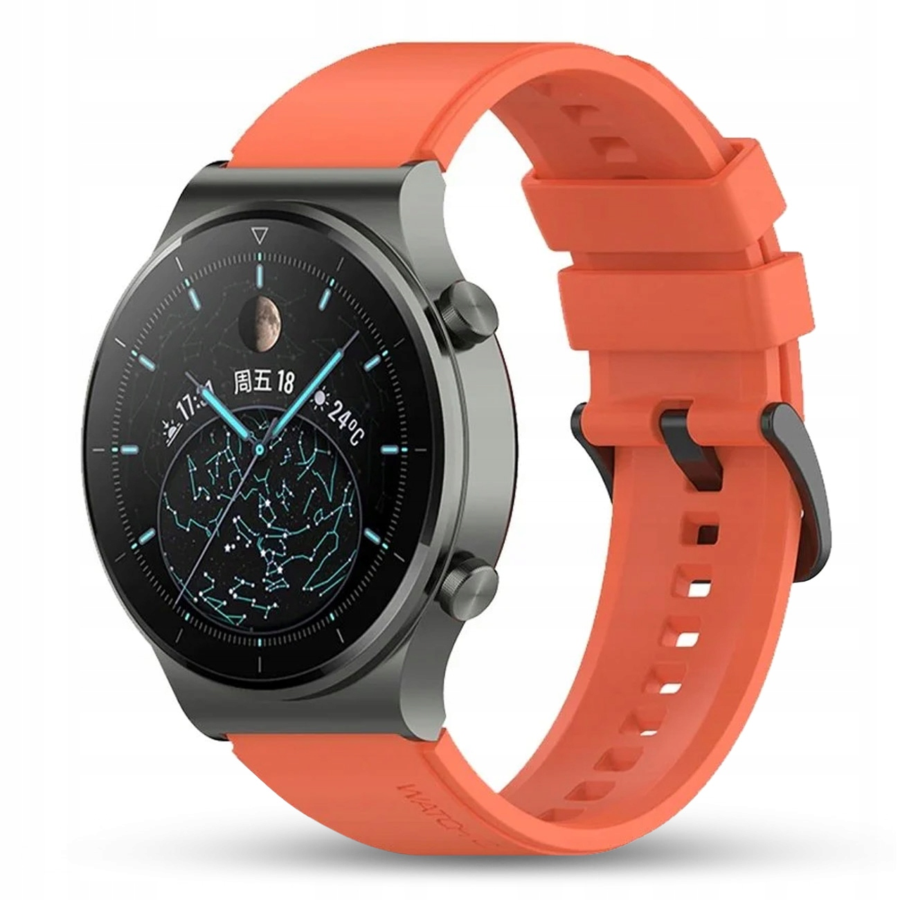 Pomarańczowy smartwatch z ciemną tarczą i wzorem konstelacji.