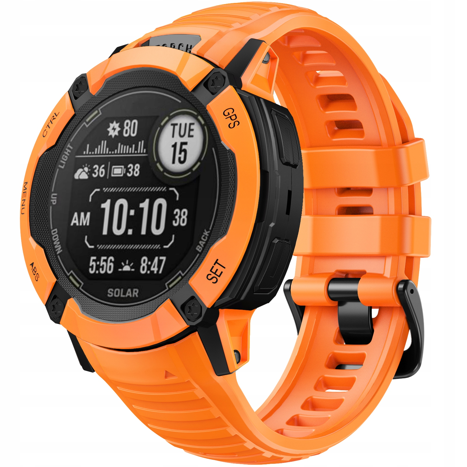 Pomarańczowy smartwatch z czarną tarczą pokazującą 10:10 AM, datę i pogodę.