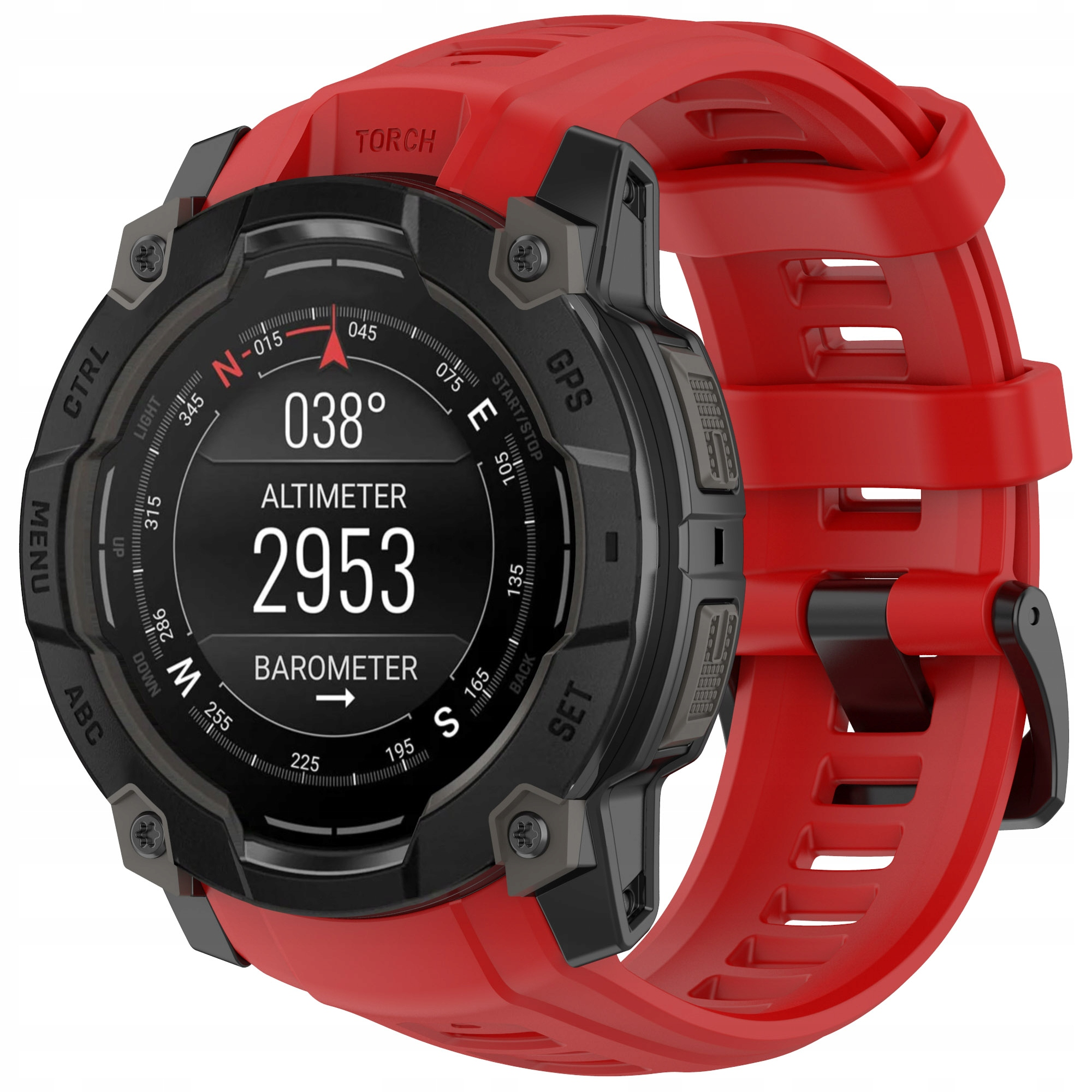 Czerwony smartwatch z czarną tarczą wyświetla dane o temperaturze, wysokości i barometrze.