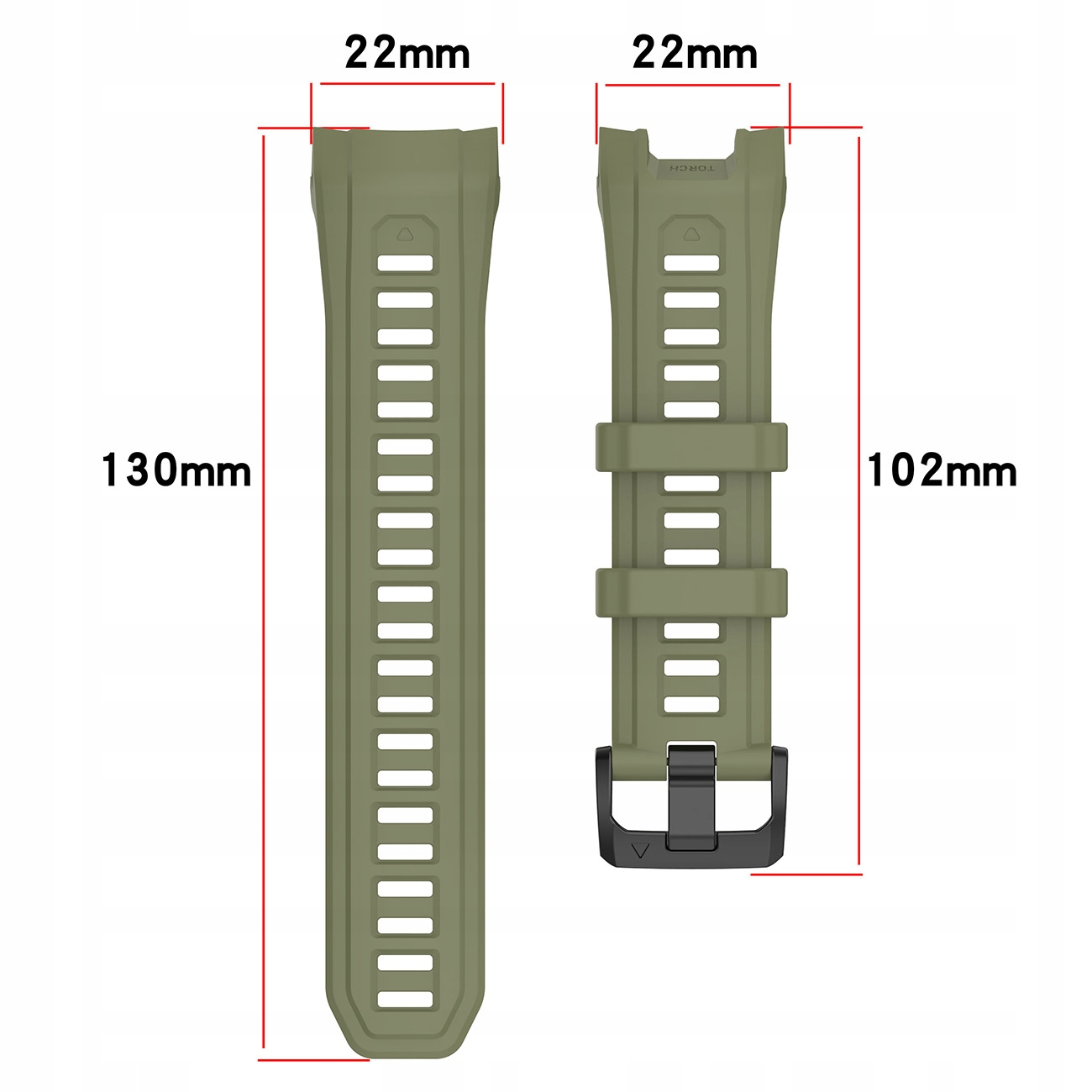 Dwa zielone paski do zegarka z wymiarami: 130mm, 102mm i 22mm.