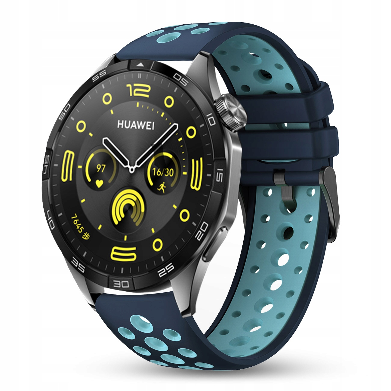 Zegarek typu smartwatch z niebiesko-turkusową bransoletą. Tarcza pokazuje żółte ikony.