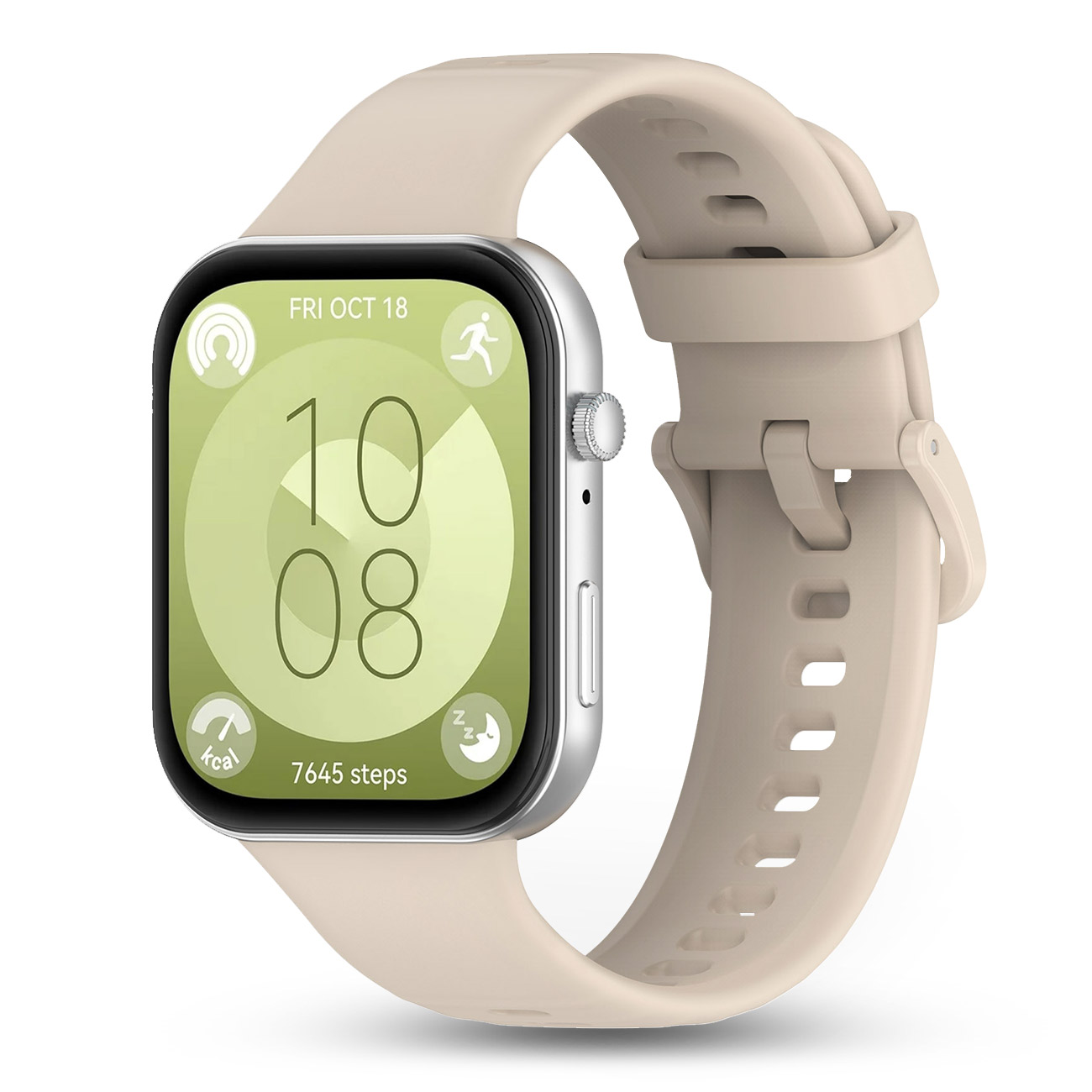 Srebrny smartwatch z beżowym paskiem, pokazuje 10:08, 7645 kroków.