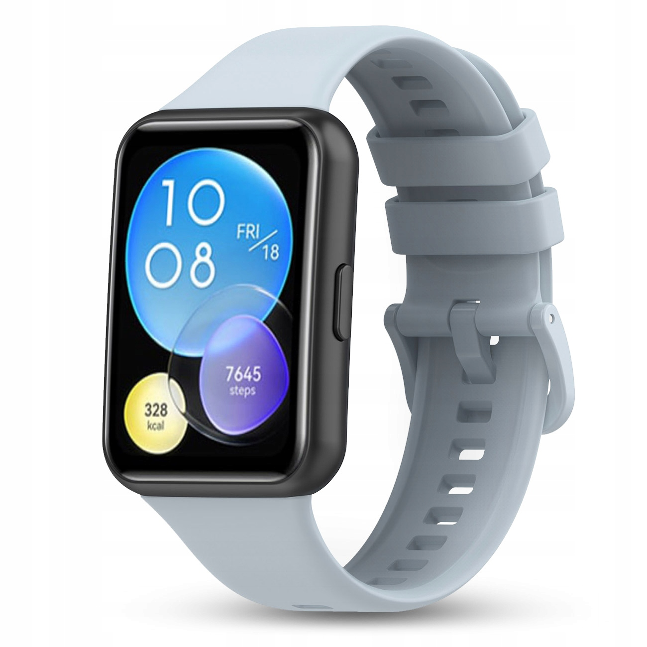 Jasnoniebieski smartwatch z prostokątnym ekranem: 10:08, 328 kcal, 7645 kroków.