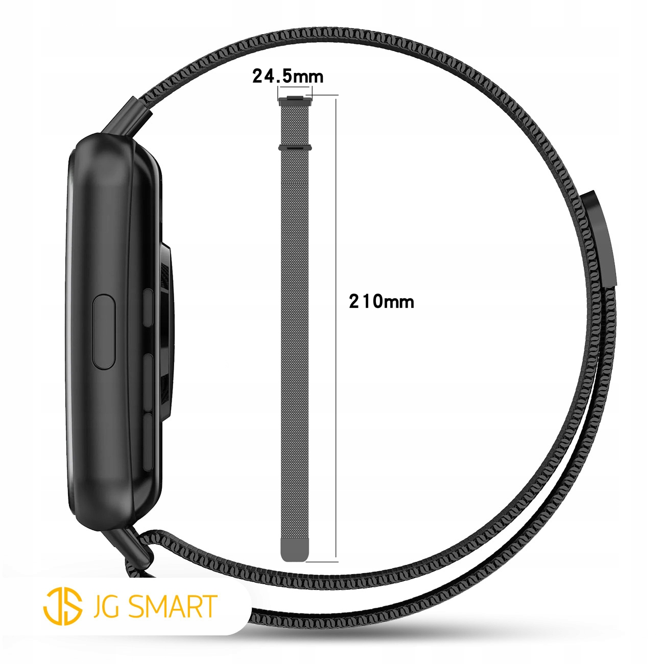 Czarna metalowa opaska do smartwatcha, długość 210 mm, szerokość 24,5 mm.