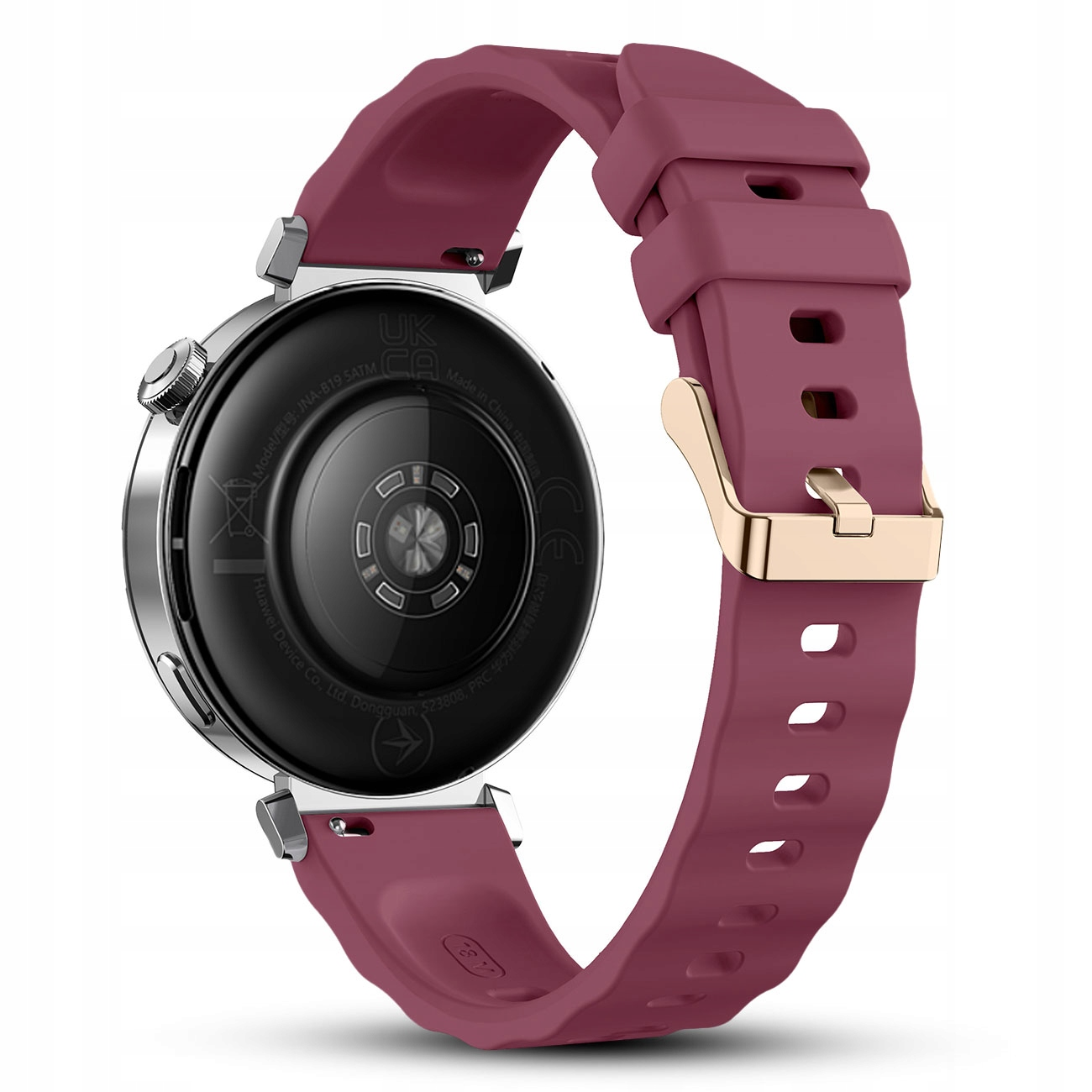 Ciemnoczerwony smartwatch z srebrną obudową i złotą klamrą.