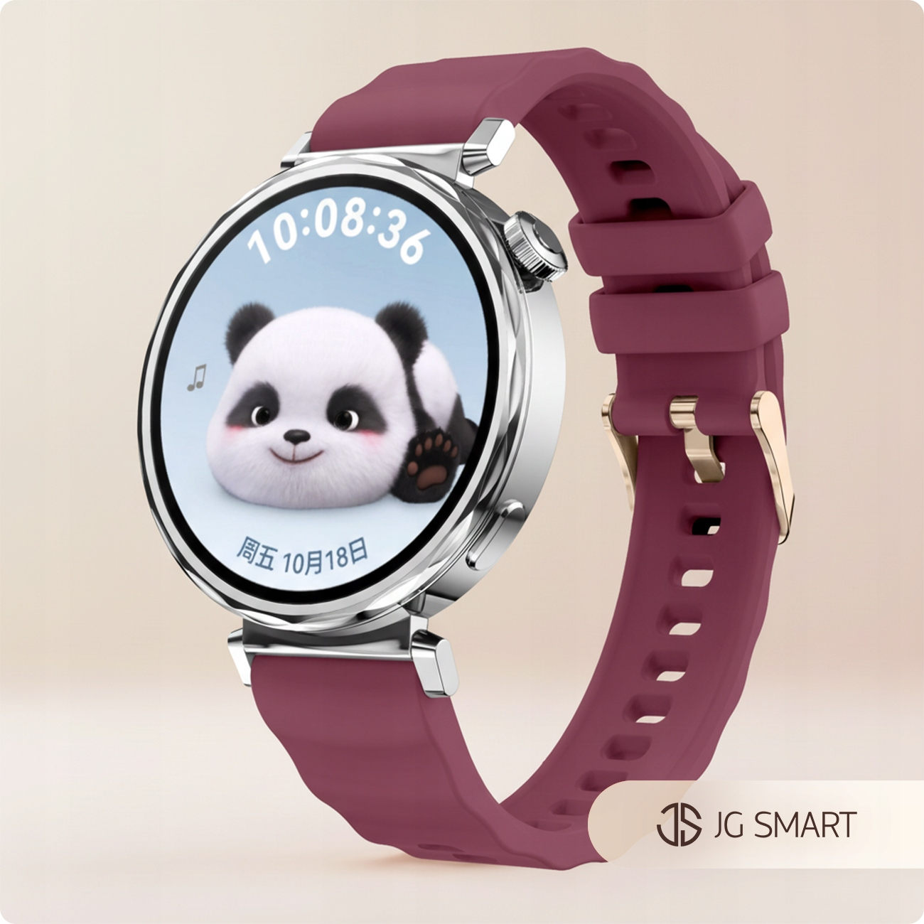 Smartwatch z uroczym wyświetlaczem pandy i fioletową bransoletą.