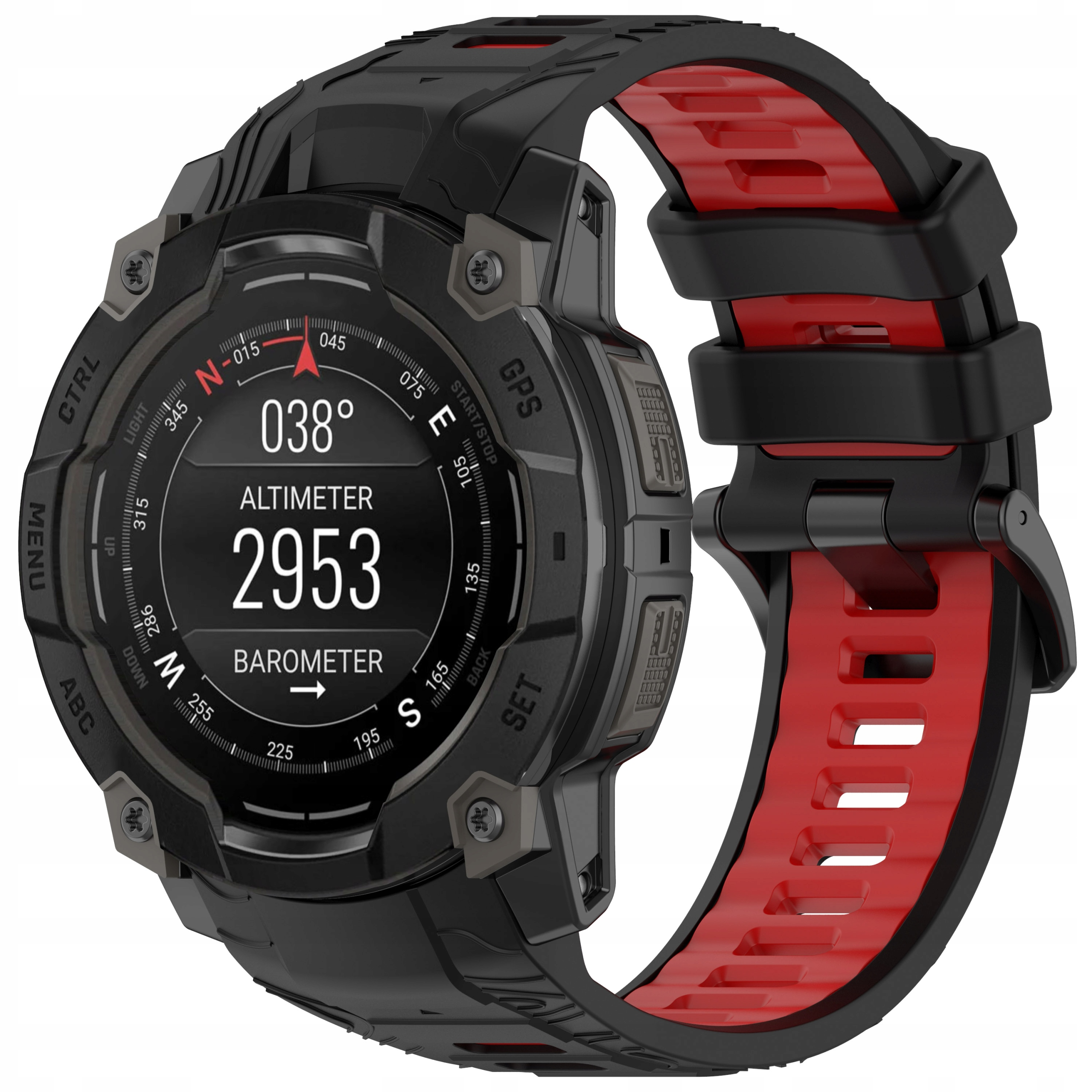 Czarny i czerwony smartwatch z cyfrowym wyświetlaczem pokazującym wysokość i barometr.