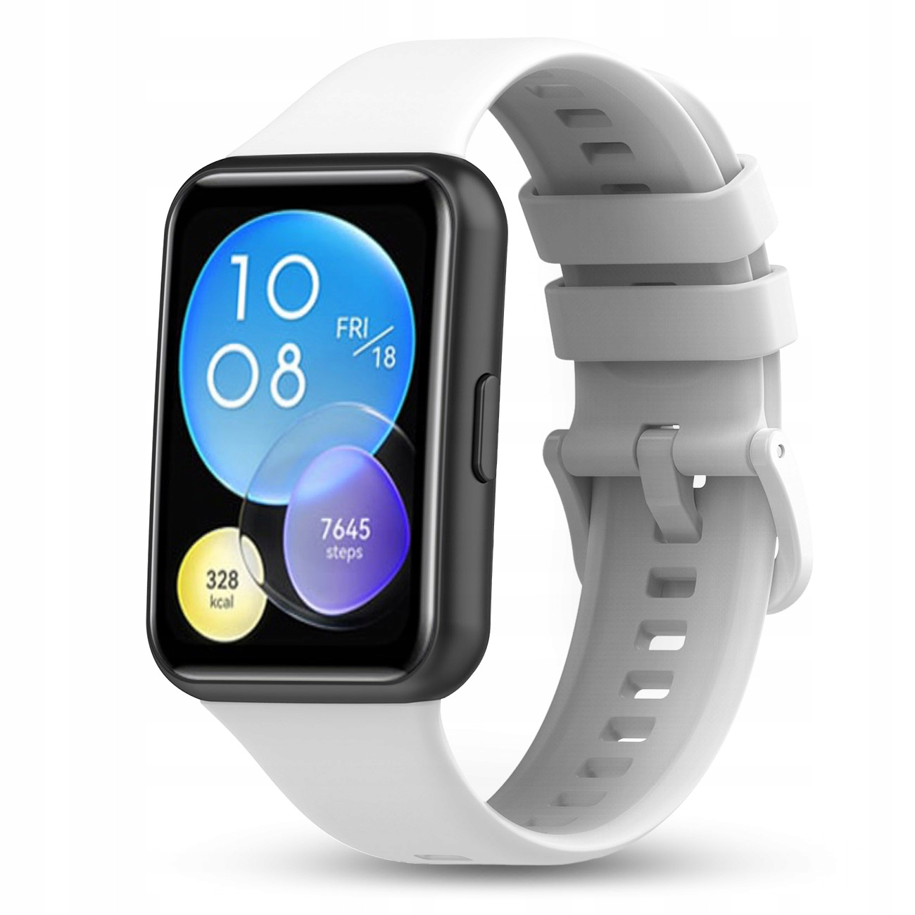 Biały smartwatch z czarną obudową i prostokątnym ekranem pokazującym czas i kroki.
