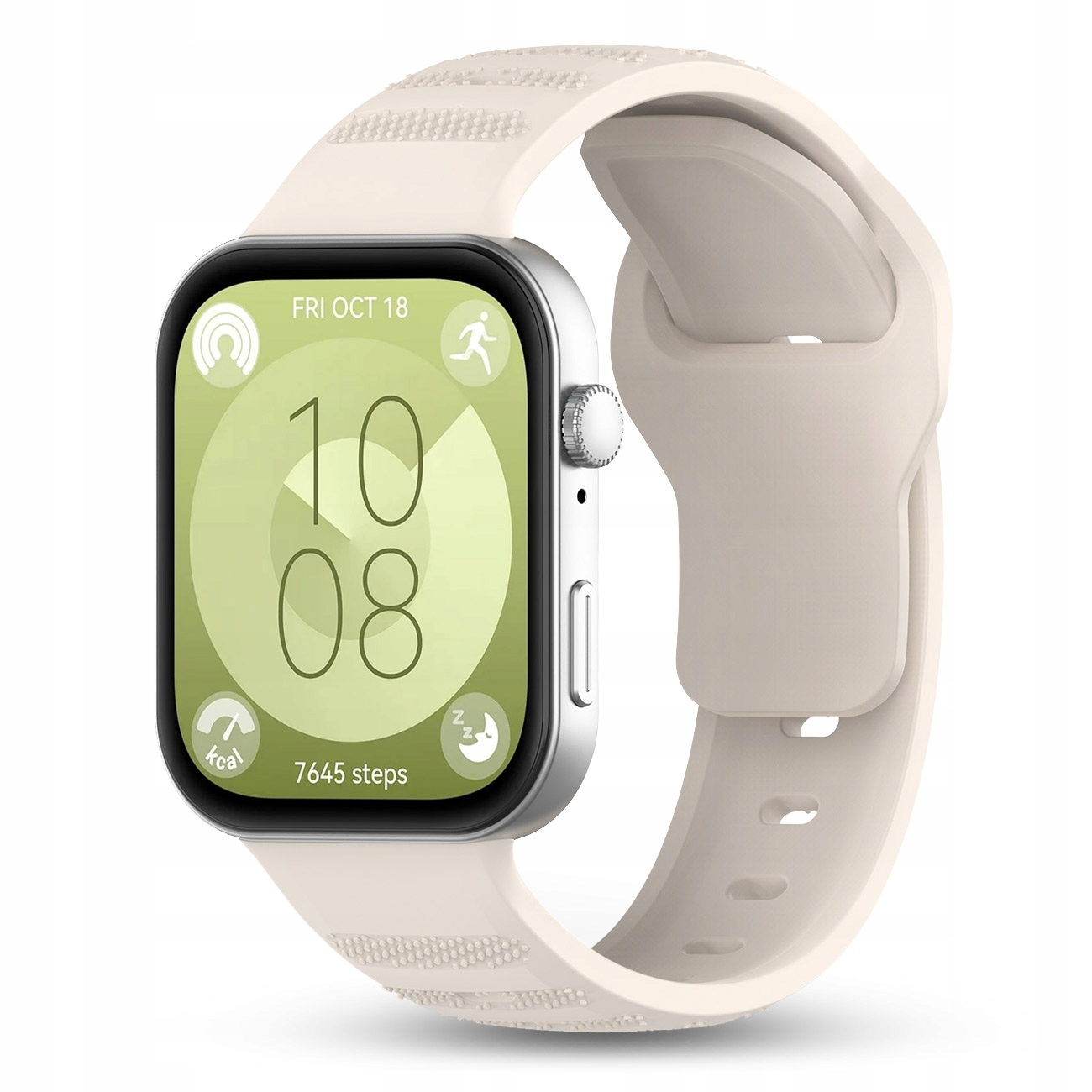 Biały smartwatch z srebrną obudową, pokazujący 10:08 z ikonami aktywności.