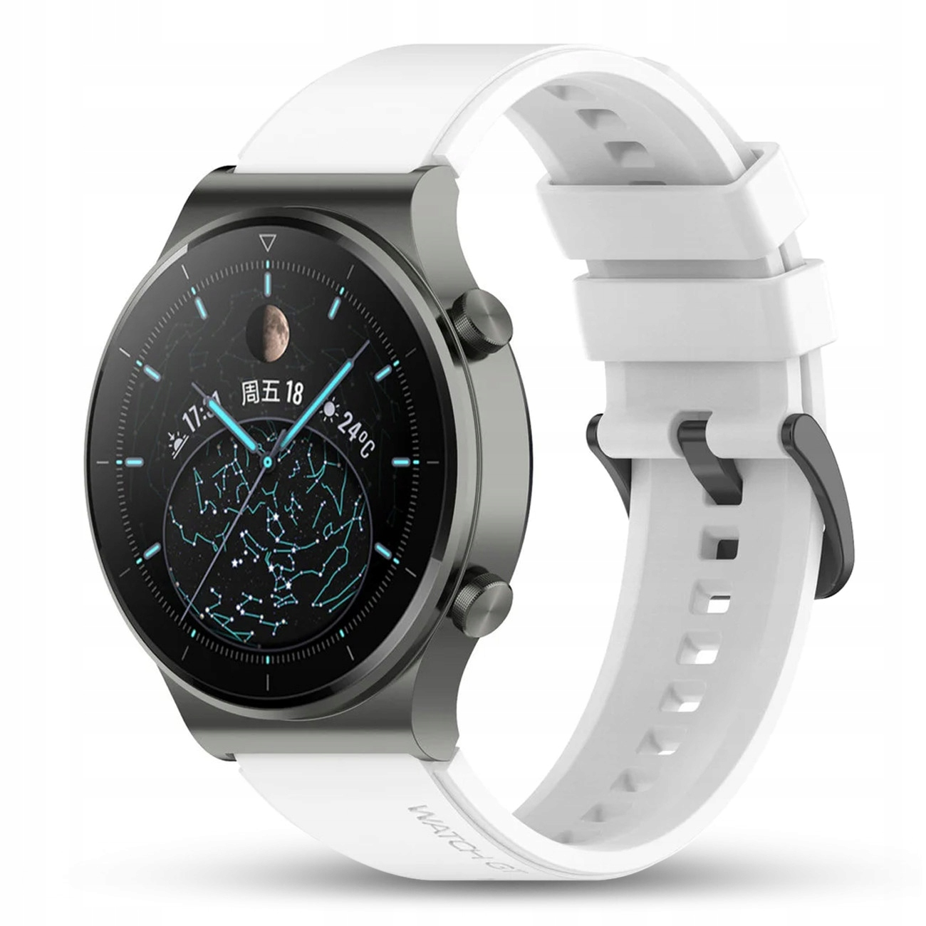 Biały smartwatch z ciemną obudową i tarczą z gwiazdami.