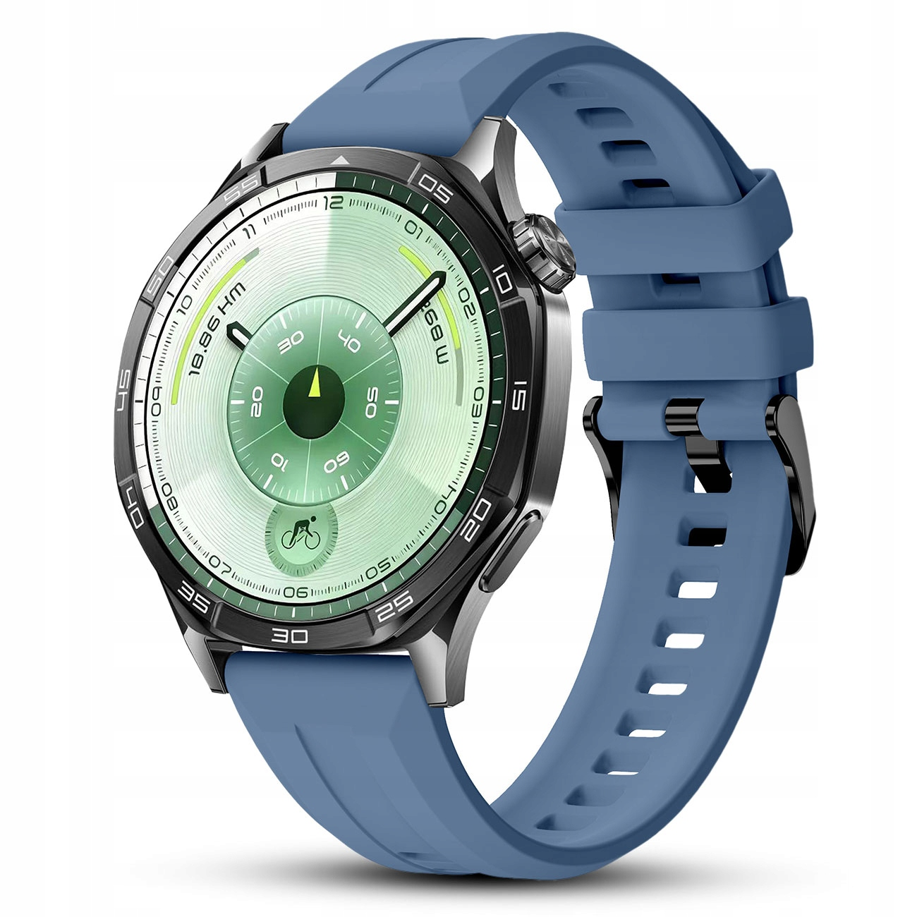 Stylowy smartwatch z niebieskim paskiem i zielonym wyświetlaczem.