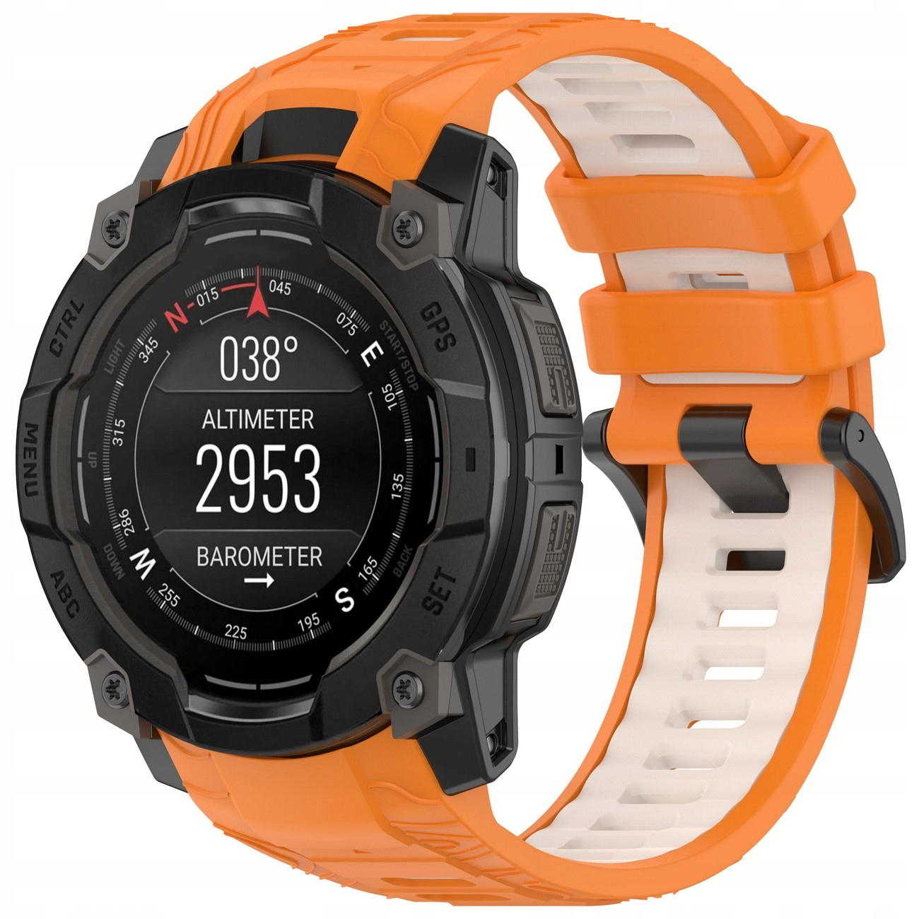 Pomarańczowy smartwatch z czarną tarczą pokazującą dane wysokościomierza i barometru.