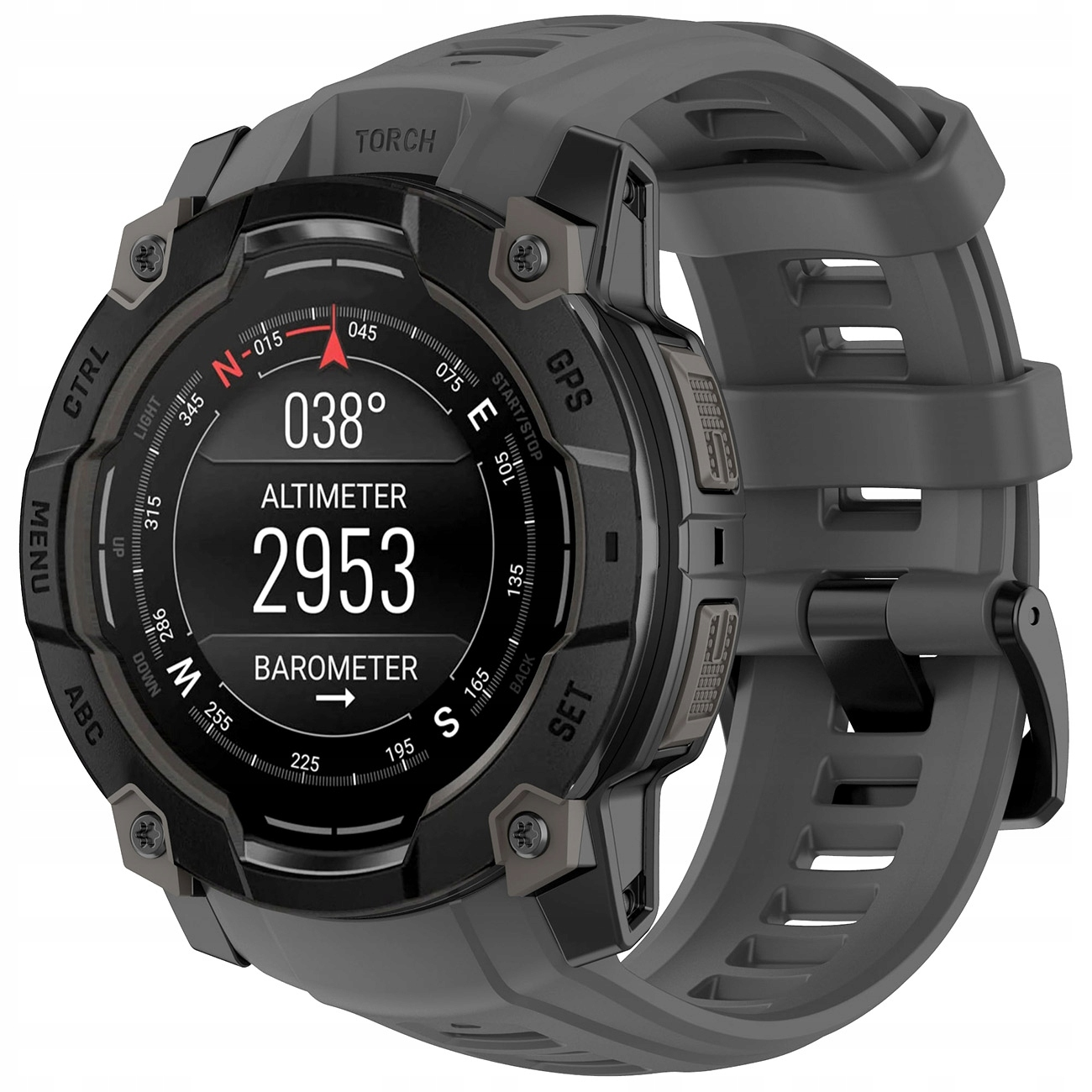Szary smartwatch z czarnym wyświetlaczem pokazujący 38 stopni, 2953 metrów wysokości i barometr.