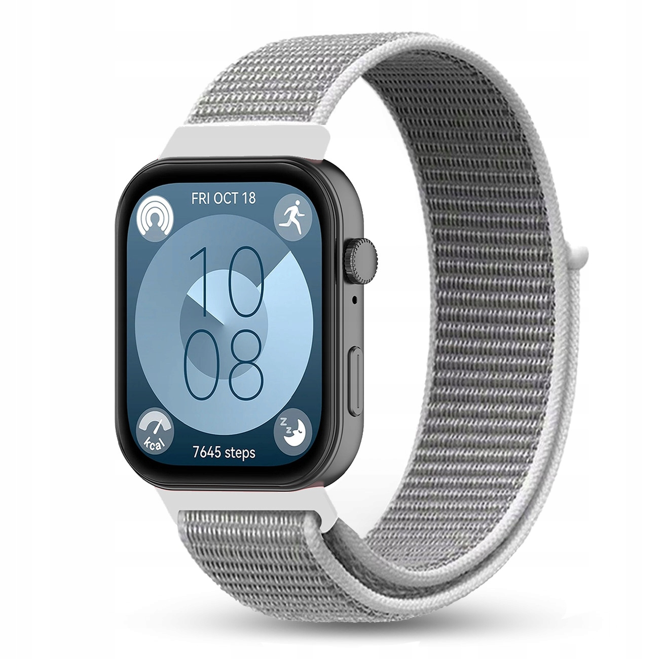 Zegarek smartwatch z szarym plecionym paskiem pokazuje 10:08, datę, kroki i ikony aktywności.