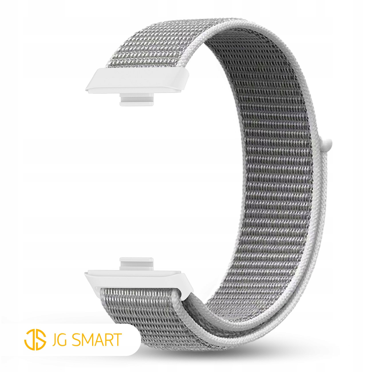 Szara opaska z tkaniny z białymi złączami do smartwatcha.