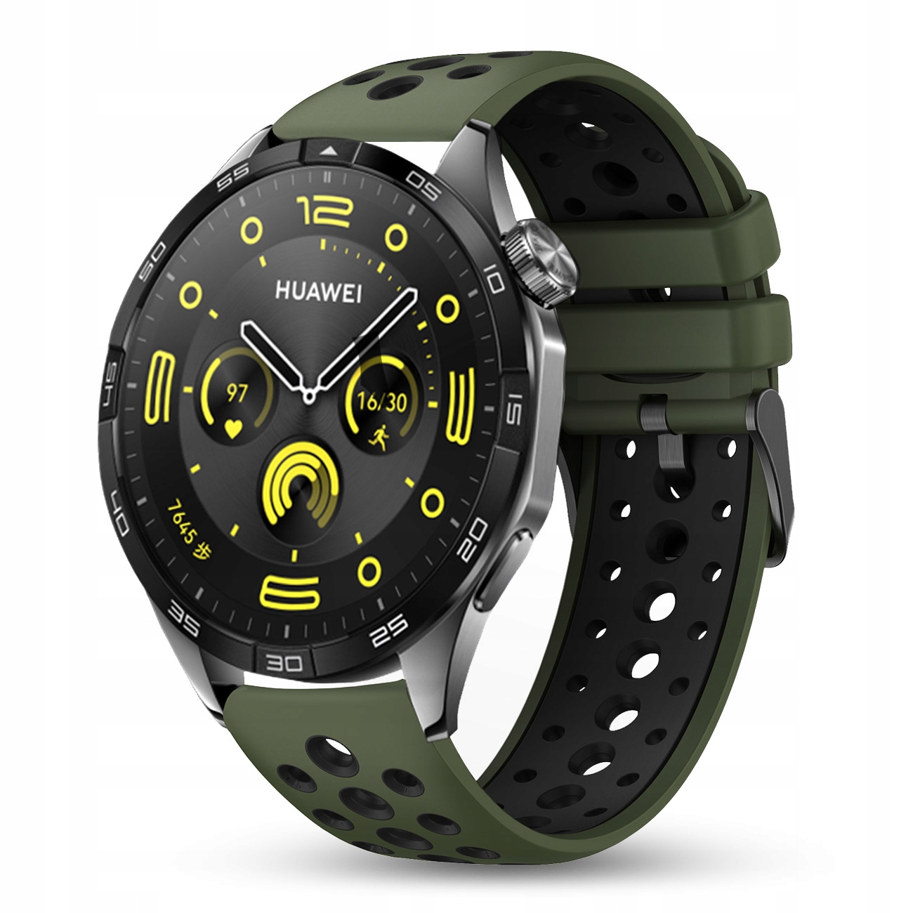 Zielony smartwatch z czarną tarczą i żółtymi akcentami.