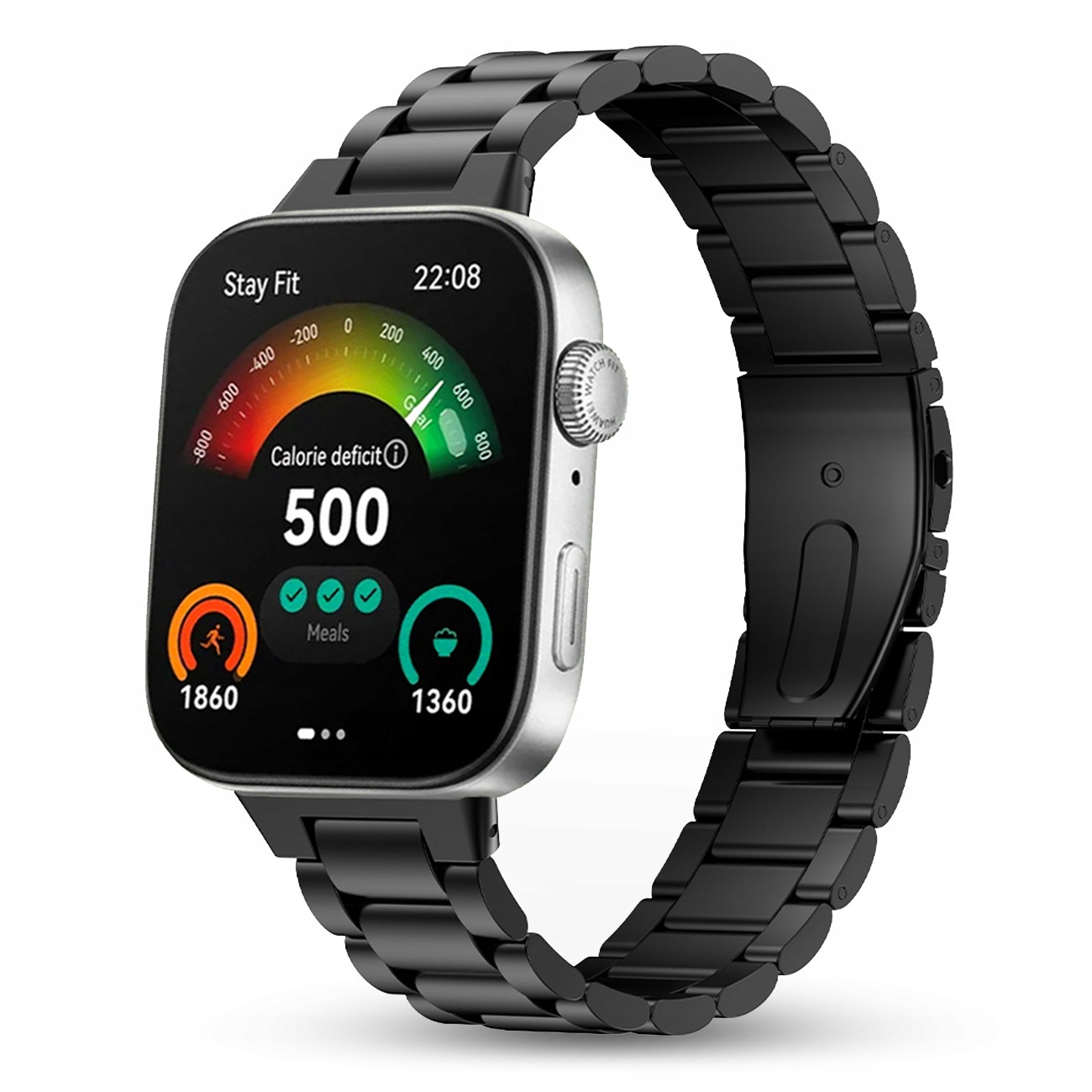 Srebrny smartwatch z czarną metalową bransoletą pokazuje deficyt kalorii 500.