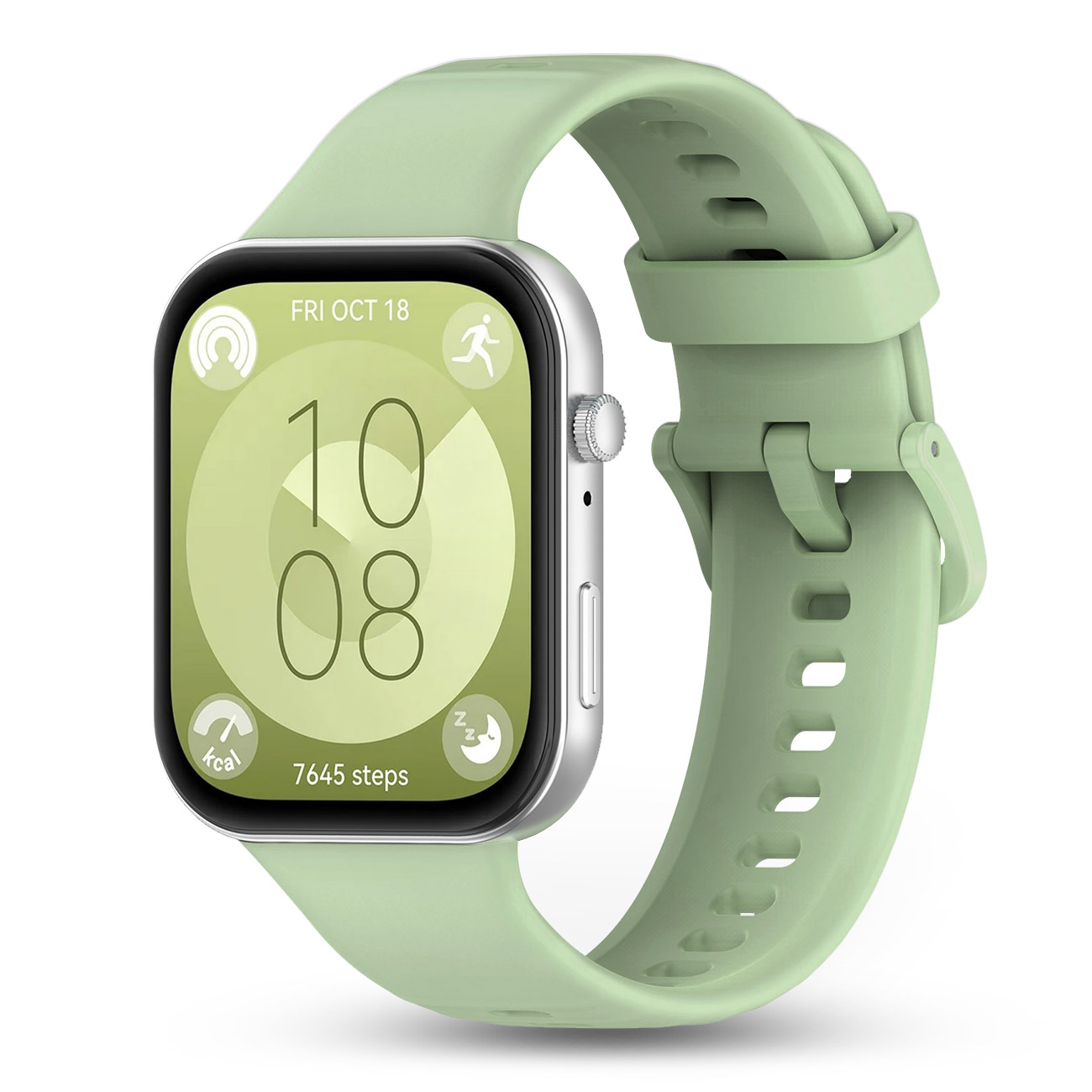 Zielony smartwatch z srebrną kopertą pokazuje 10:08 i 7645 kroków.