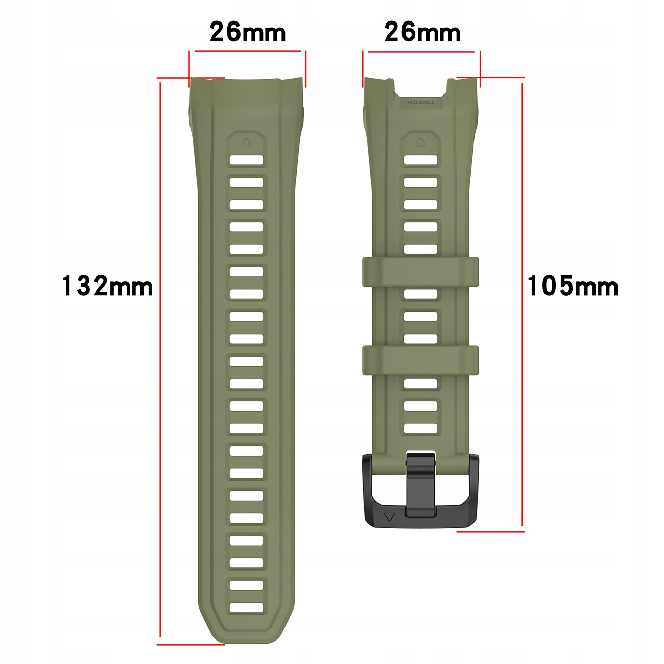 Zielone paski do zegarków o wymiarach 132mm x 26mm i 105mm x 26mm.